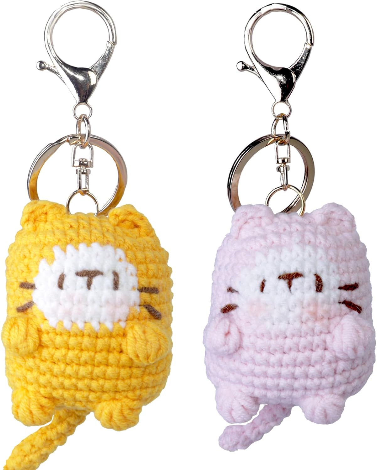 CrochetFlower 2PCS Plush Crochet Cat Keychains - Adorable Orange & Pink Kawaii Charms for Keys, Bags, Cat Lover Gifts for Moms & Teachers