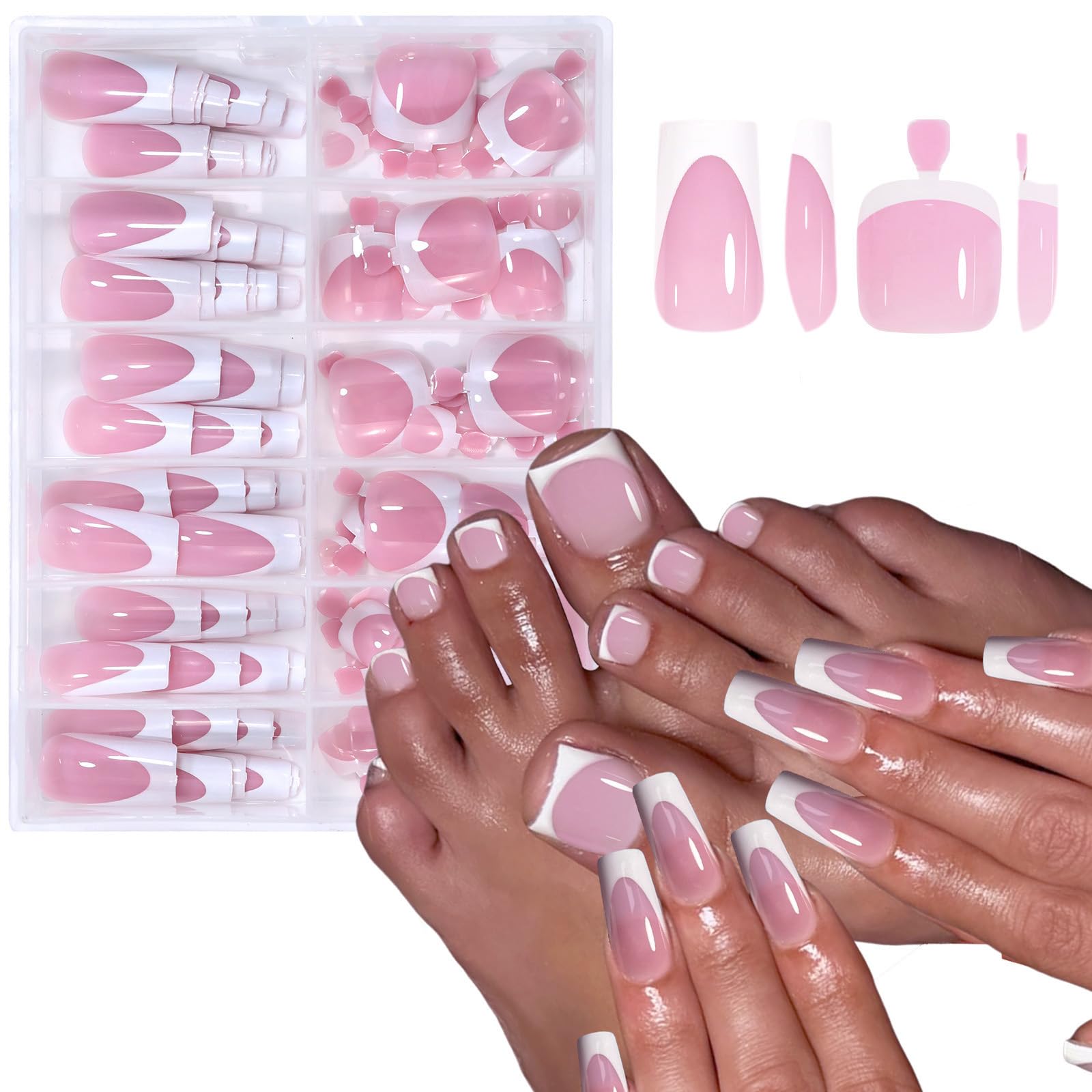 White Press on Nails French Tip Press on Toenails Set Pink Fake Toe Nails Medium Square False Nail Reusable Artificial Acrylic Stick on Toes Glossy