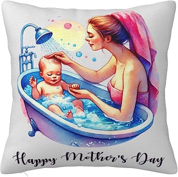 Happy Mothers Day Pillow Cover, Mom Bathing Baby Throw Pillow Cover, Sweet New Mommy Cushion Case for Sofa Couch Bedroom, for First Time Mom