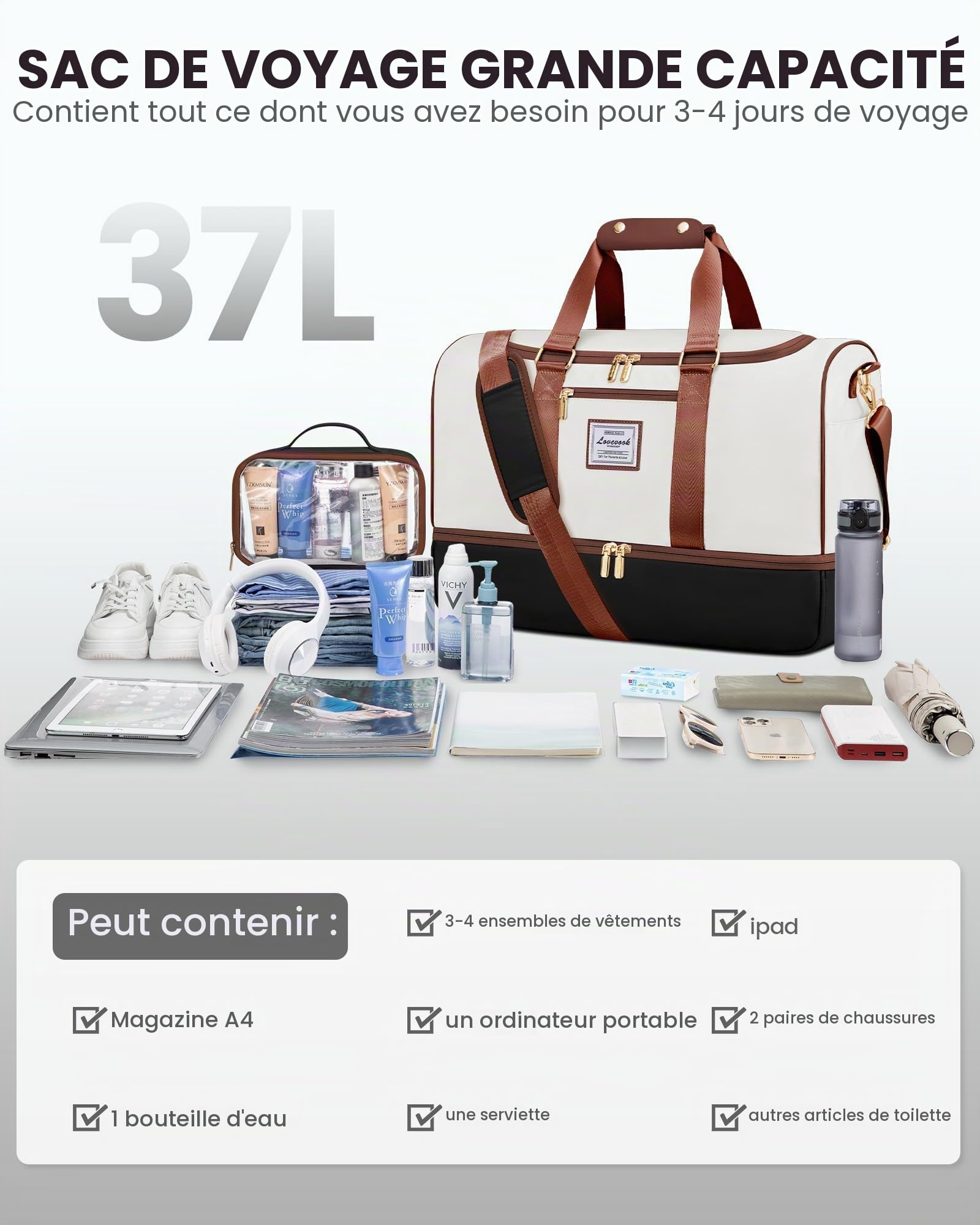 LOVEVOOK Sac de voyage pour femme - Sac de voyage Weekender - Avec trousse de toilette, compartiment à chaussures et compartiment humide - Étanche - Pour sport, vacances, avion, Beige/noir/marron, m