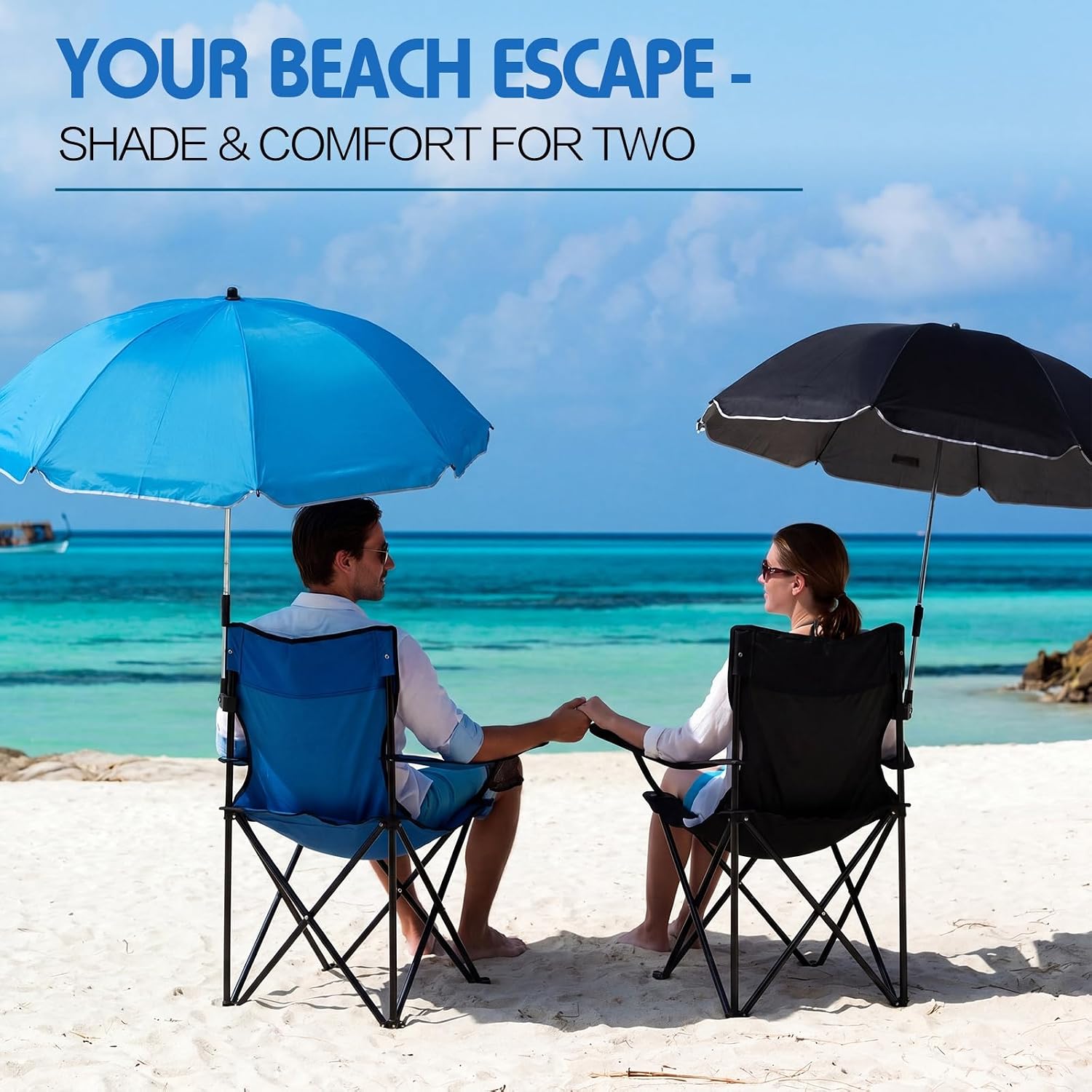 2 Pack Beach Chair with Umbrella Folding Camping Beach Chairs with Canopy Portable Chairs with Cup Holder Carrying Bag for Camping Hiking Travel Picnic Outdoor Events(Black and Blue)