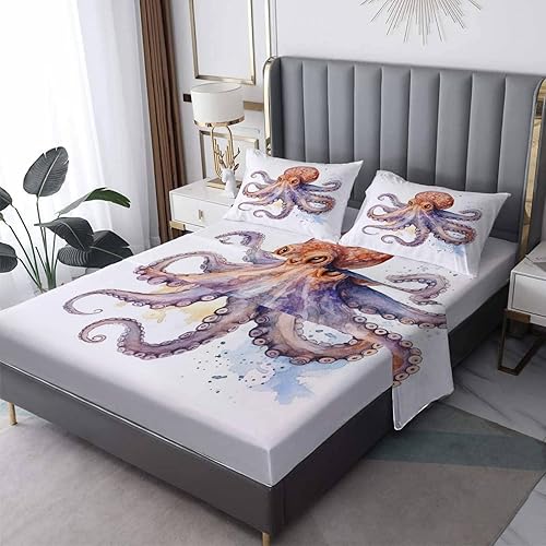 Juego de sábanas de pulpo tamaño King, sábanas Kraken, sábanas y fundas de almohada estampadas de 4 piezas, sábana bajera ajustable de microfibra