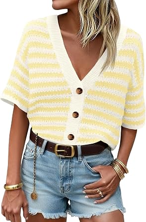 Saodimallsu Womens Striped Short Sleeve Cardigan Button Up Crochet Sweater | V Neck,Spring Summer Tops,Lightweight Knit,Spring Summer Style