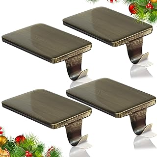 HMASYO Christmas Stocking Holders for Mantle Set of 4, Heavy Duty Cast Iron Stocking Hangers Base, Low Profile Weighted Stocking Holder Hooks for Fireplace Tabletop Shelf Christmas Decoration, Bronze
