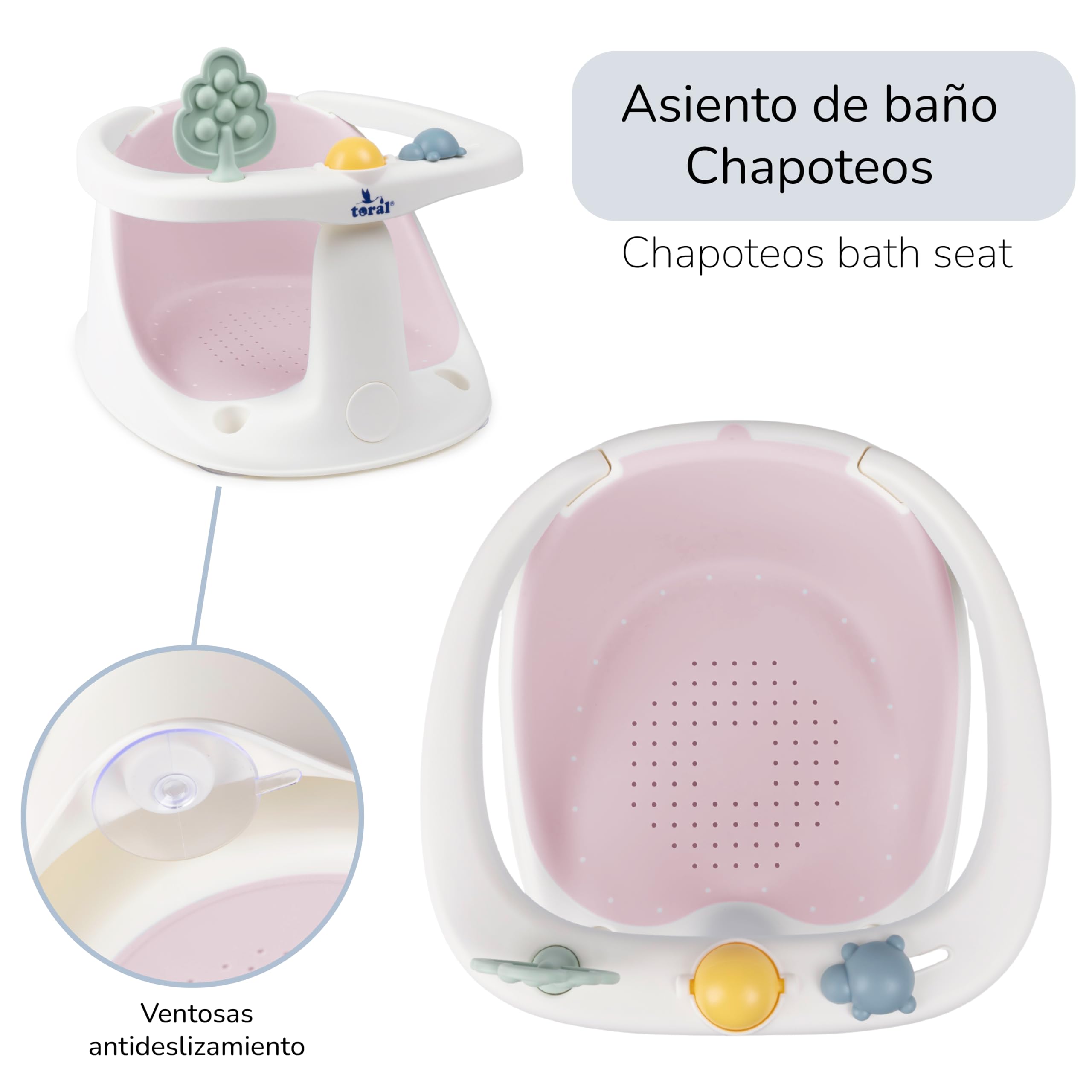 Toral Asiento Bañera Bebe Seguro y Estable – Soporte Bañera Bebe con Ventosas Antideslizantes, Cómodo y Resistente – Adaptador Bañera Bebe Práctico - Modelo Chapoteos Rosa