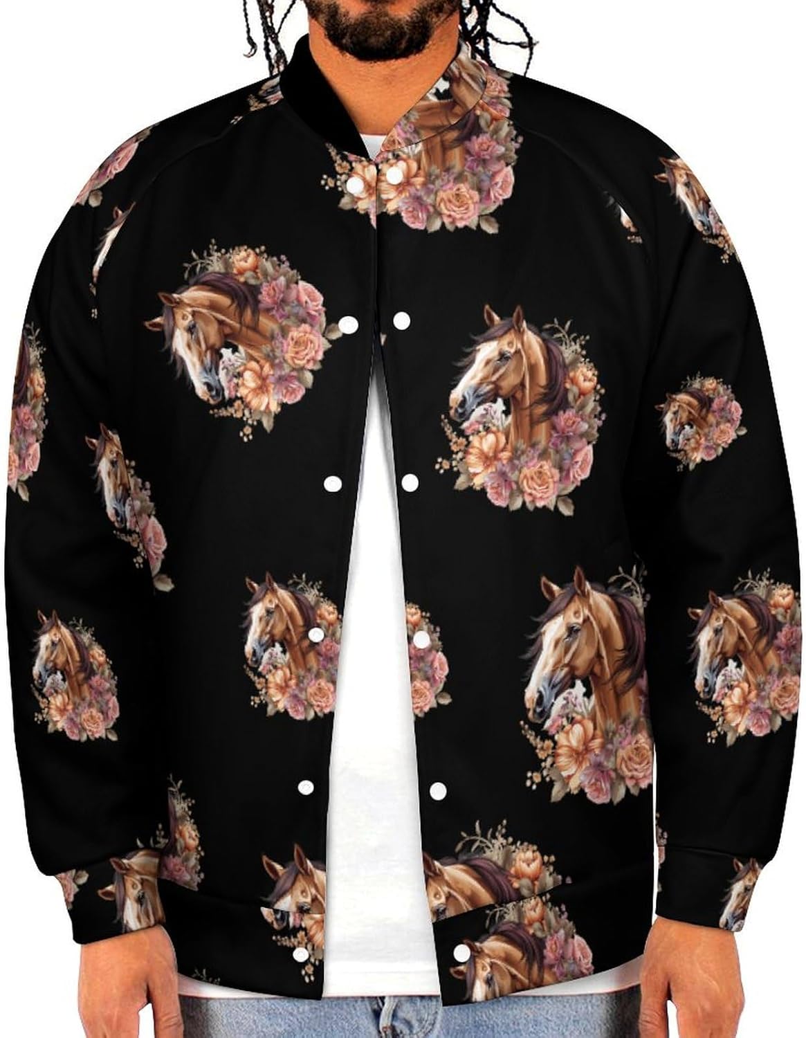 Horse with Flowers Novelty Men's Baseball Jackets Causal Sweatshirt Button Top Long Sleeve Coat