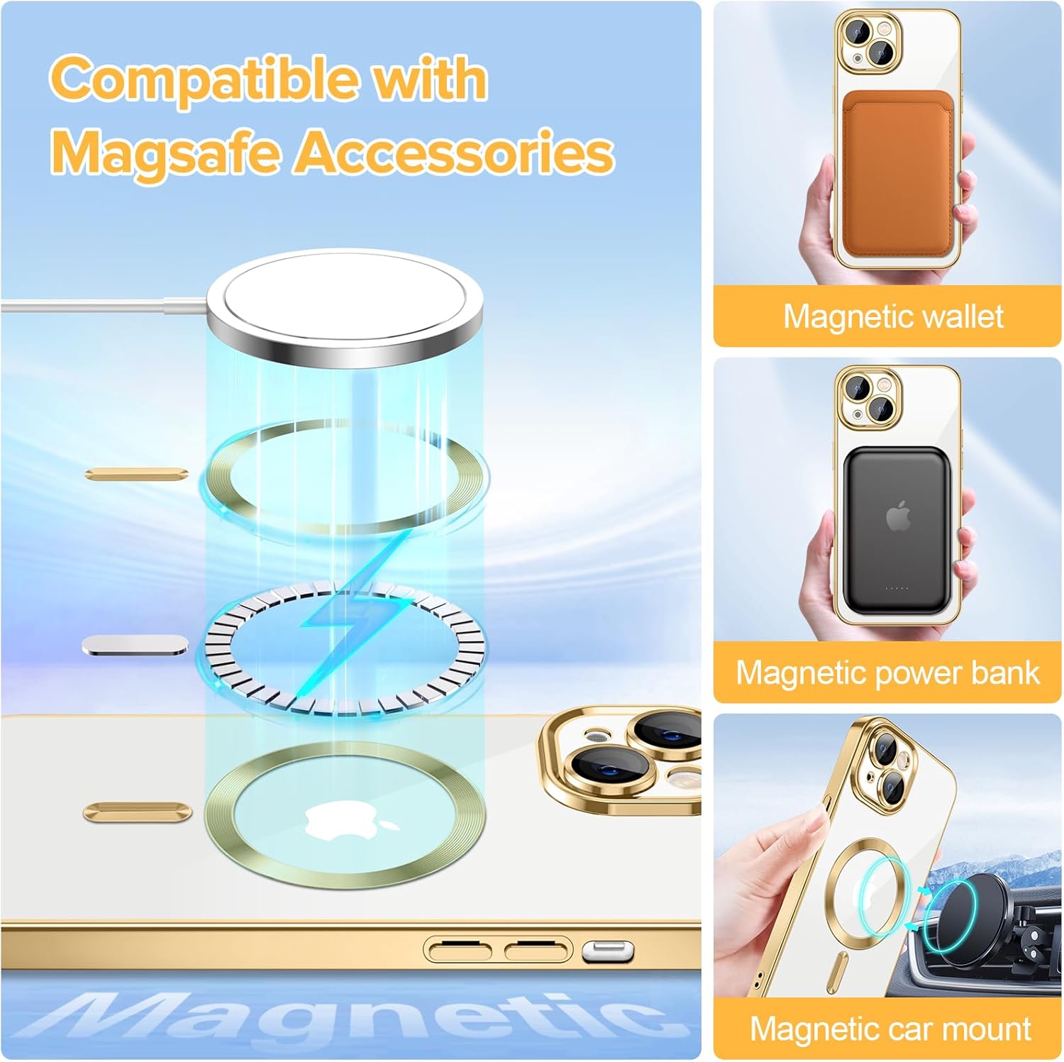 Hython Magnetic Clear for iPhone 13 Case with Camera Lens Protector [Compatible with MagSafe] Luxury Plating Edge Slim Soft TPU Cover Protective Phone Case for iPhone 13 6.1", Gold - Image 3
