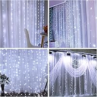 Vista 6 de Guirnalda de luces de hadas, 300 luces LED blancas para cortina de ventana, 8 modos de 9.8 x 9.8 pies, impermeable, funciona con USB, batería