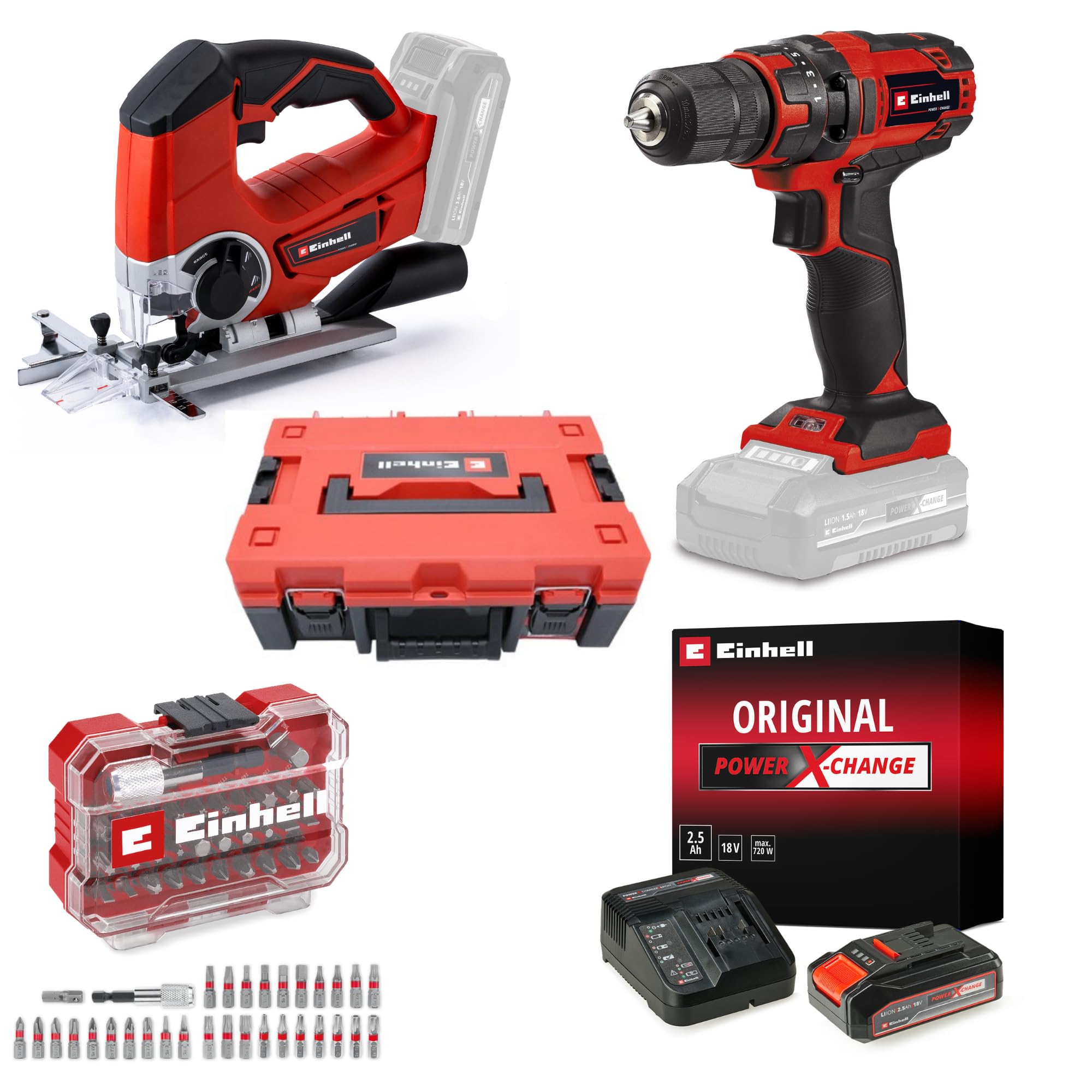 Einhell TC-CD 18/35 Li + TE-JS 18/80 Li Akülü Vidalama ve Dekupaj Testere Seti (2,5 Ah Akü ve Şarj Cihazı, 32 Parça Uç Seti ve Çanta Dahildir)