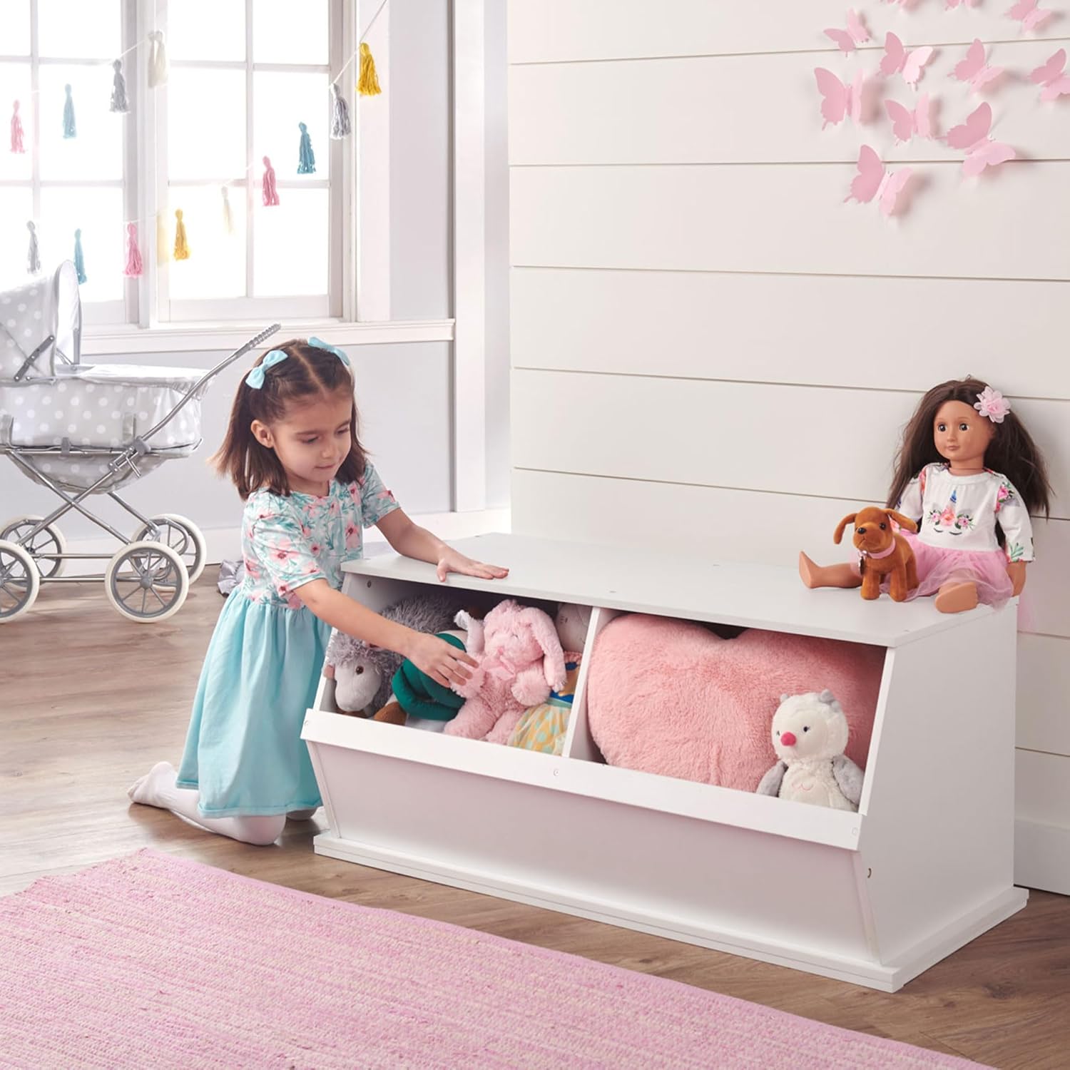 Badger Basket Two Bin Stackable Toy Storage Cubby Organizer – Modular Storage for Toys, Books, and Crafts – Solid Wood Panel - White