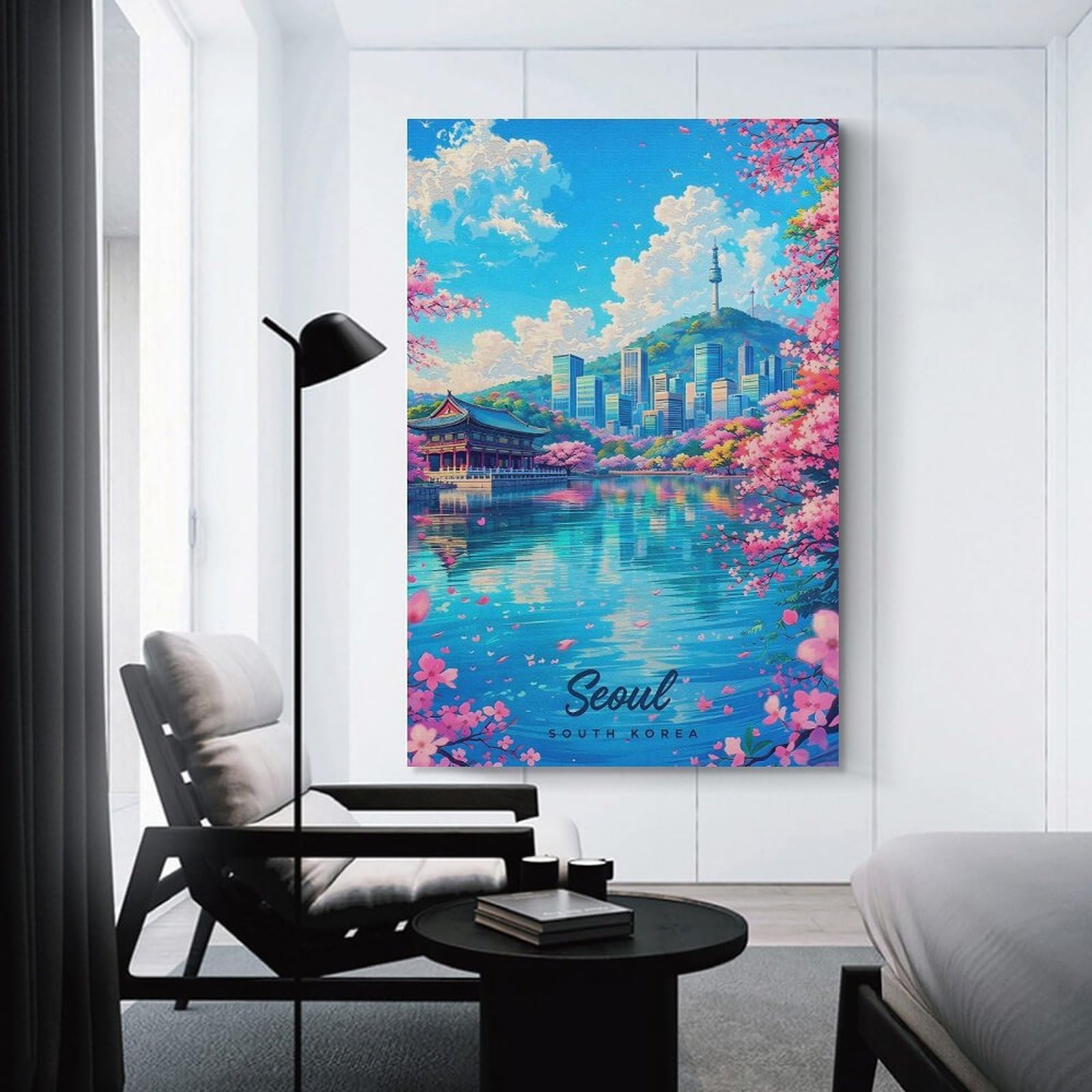 Junmoney Seoul Cityscape with Cherry Blossoms Decorative Canvas Print 16x24inch(40x60cm), for Corridors, Hallways Or Apartment Entries, Decorative Wall Art for Narrow Spaces