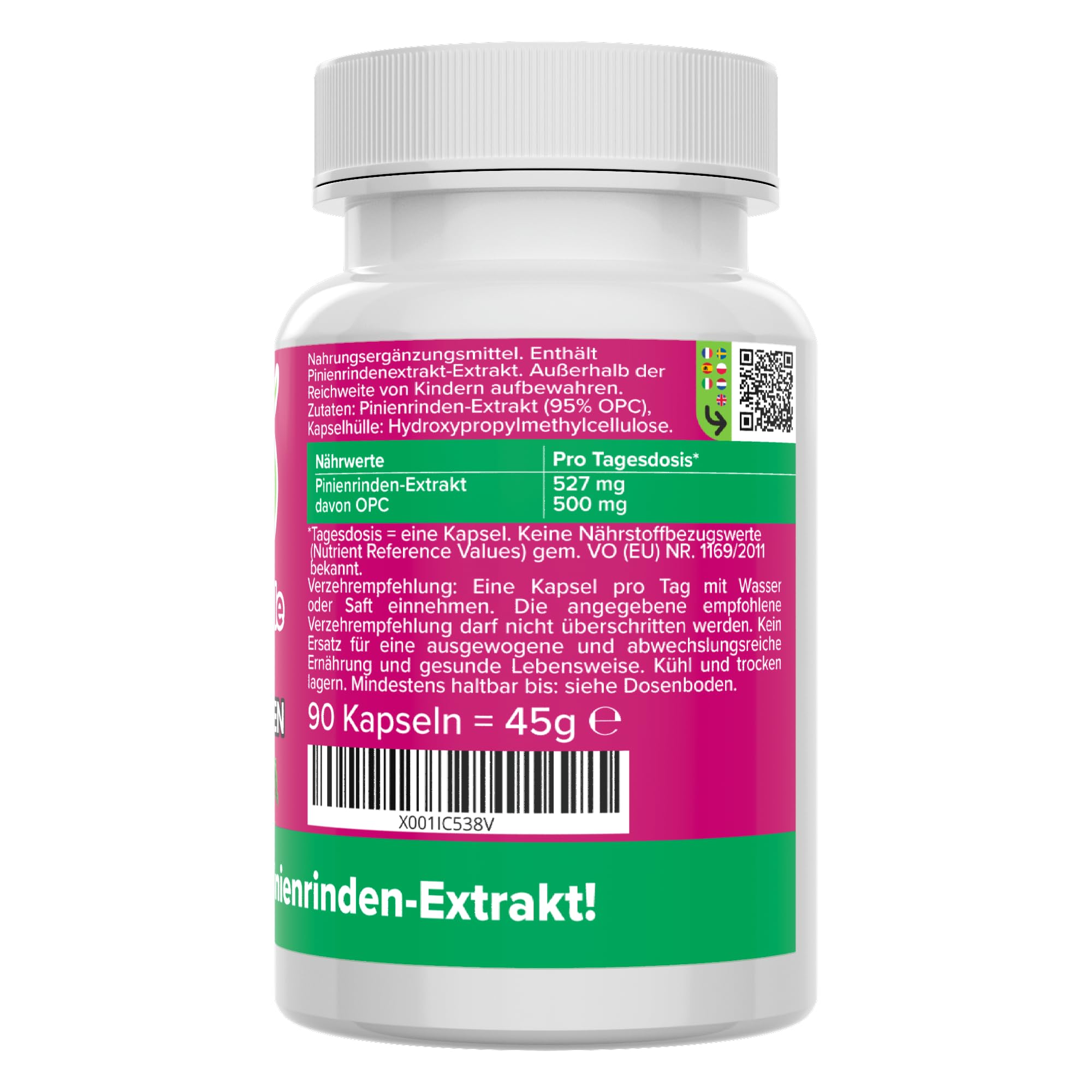 Pinienrindenextrakt Kapseln - hochdosiert 500 mg OPC (95%) - 527 mg 25:1 Extrakt (entspricht 13.175 mg Pinienrinden-Pulver) - bioaktiv & vegan - Produktion in Deutschland - ohne Zusätze - Vitamineule®