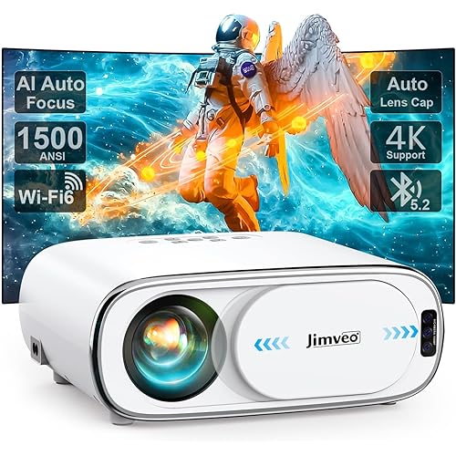 Projector [AI Auto Focus/Auto Lens Cap] Outdoor-Projector-4K with WiFi 6 and Bluetooth: 1500 ANSI Portable Projector with Auto 6D Keystone & Zoom, Jimveo Native 1080P Movie Proyector 2025 Upgraded