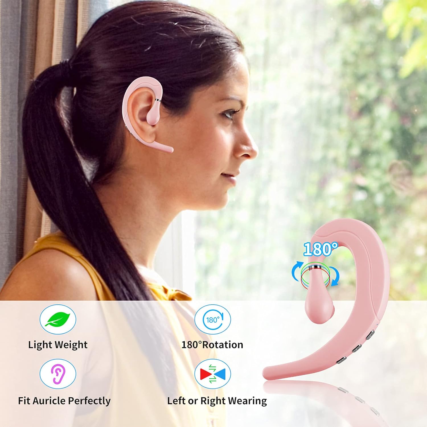 Ear Hook Bluetooth Wireless Headphone,Non Ear Plug Headset with Microphone,Waterproof Single Ear Noise Reduction in-Ear Earbud Hands Free Painless Wearing for iPhone Pro 14 13 12 11X 8 7 (Pink) image 3 of 7 B096VBR48Y