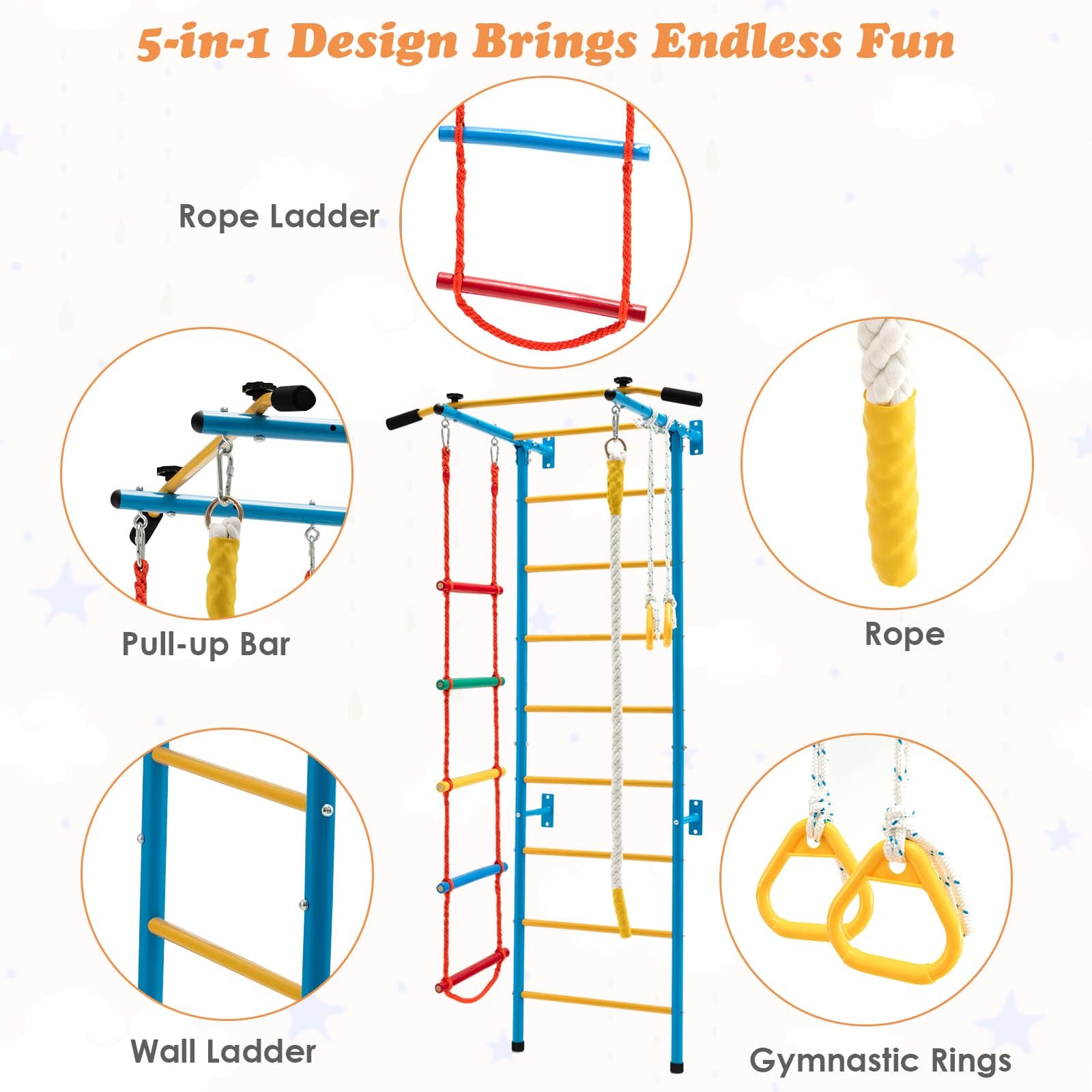 COSTWAY Échelle Murale Suédoise avec Barre de Traction & Échelle de Corde, Espalier Mural pour Enfants en Acier au Carbone avec Anneaux Gymnastique, Jeux d'escalade d'intérieur pour 3 Ans+