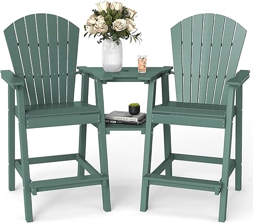 FOOWIN Juego de 2 sillas Adirondack altas de alta densidad para todo tipo de clima, sillas Adirondack de altura de barra con bandejas de conexión