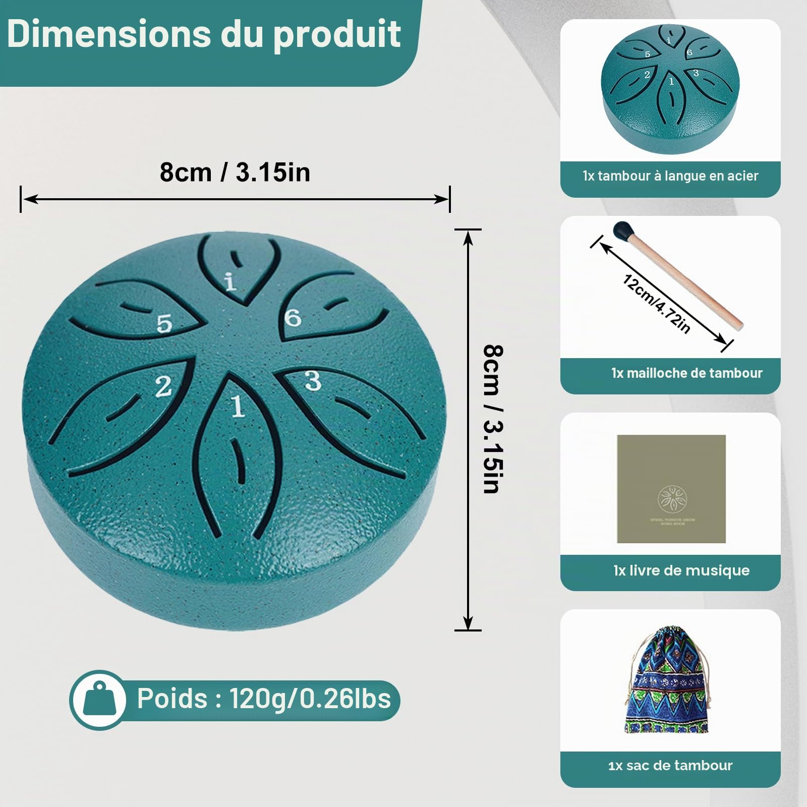 Tambour à pluie pour jardin extérieur, 7,6 cm, 6 notes en acier avec sac en tissu, maillets, livre de musique, instrument de musique pour adulte, cadeau pour adulte, vert foncé