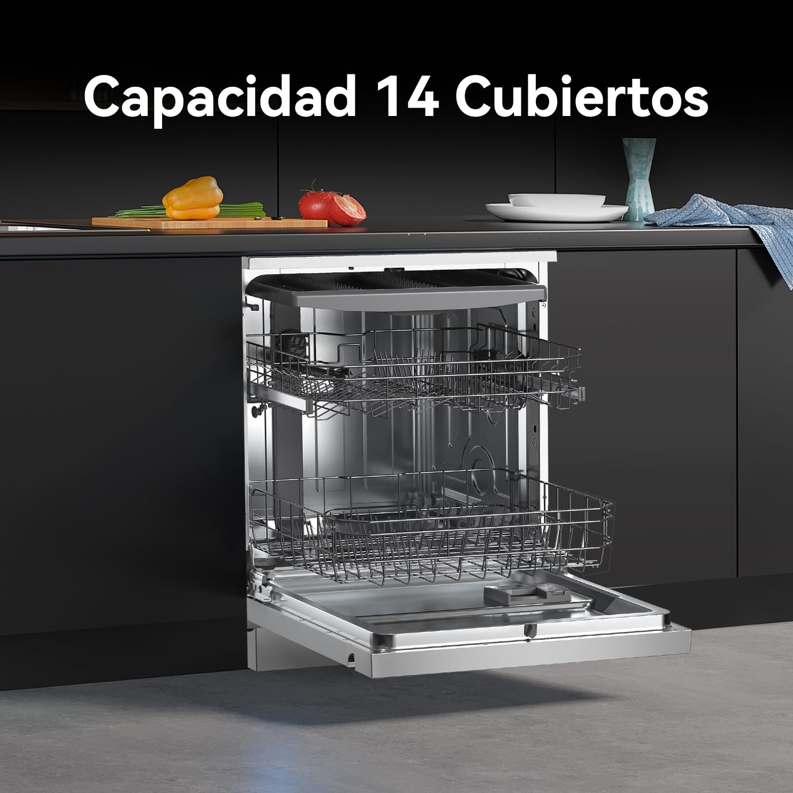 VOK Lavavajillas 60 cm 14 Cubiertos Inox – 3ª Bandeja, 8 Programas, 47 dB Silencioso, Apertura Automática, Aquastop, Cesta Ajustable – Eficiencia Energética C – Instalación Incluida