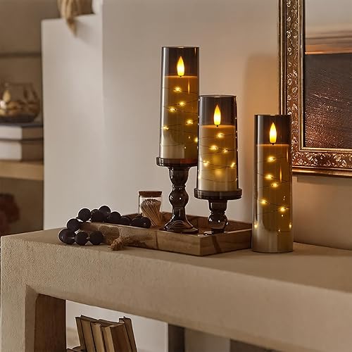 Miniatura 8 de Raycare - Velas sin llama con temporizador remoto, 3 velas LED de acrílico que funcionan con pilas, con guirnalda de estrellas integrada, decoración