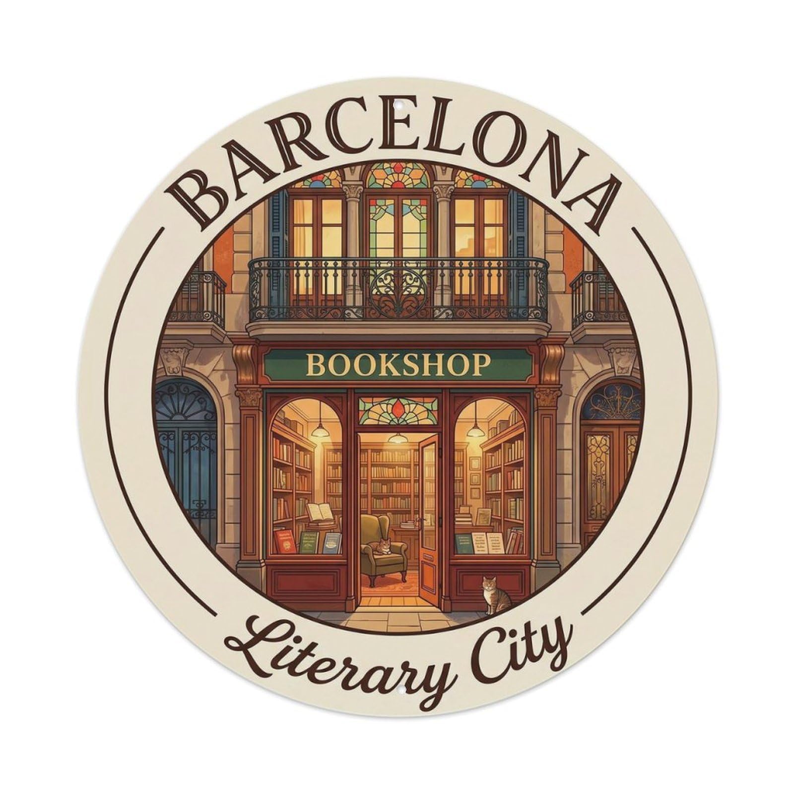 Catalan Barcelona Bookshop Culture Vintage Architecture Metal Tin Sign Plaque Wall Decor for Cafe, Man Cave, Club Bar, Office, Home Garden Round Metal Poster 8x8Inch