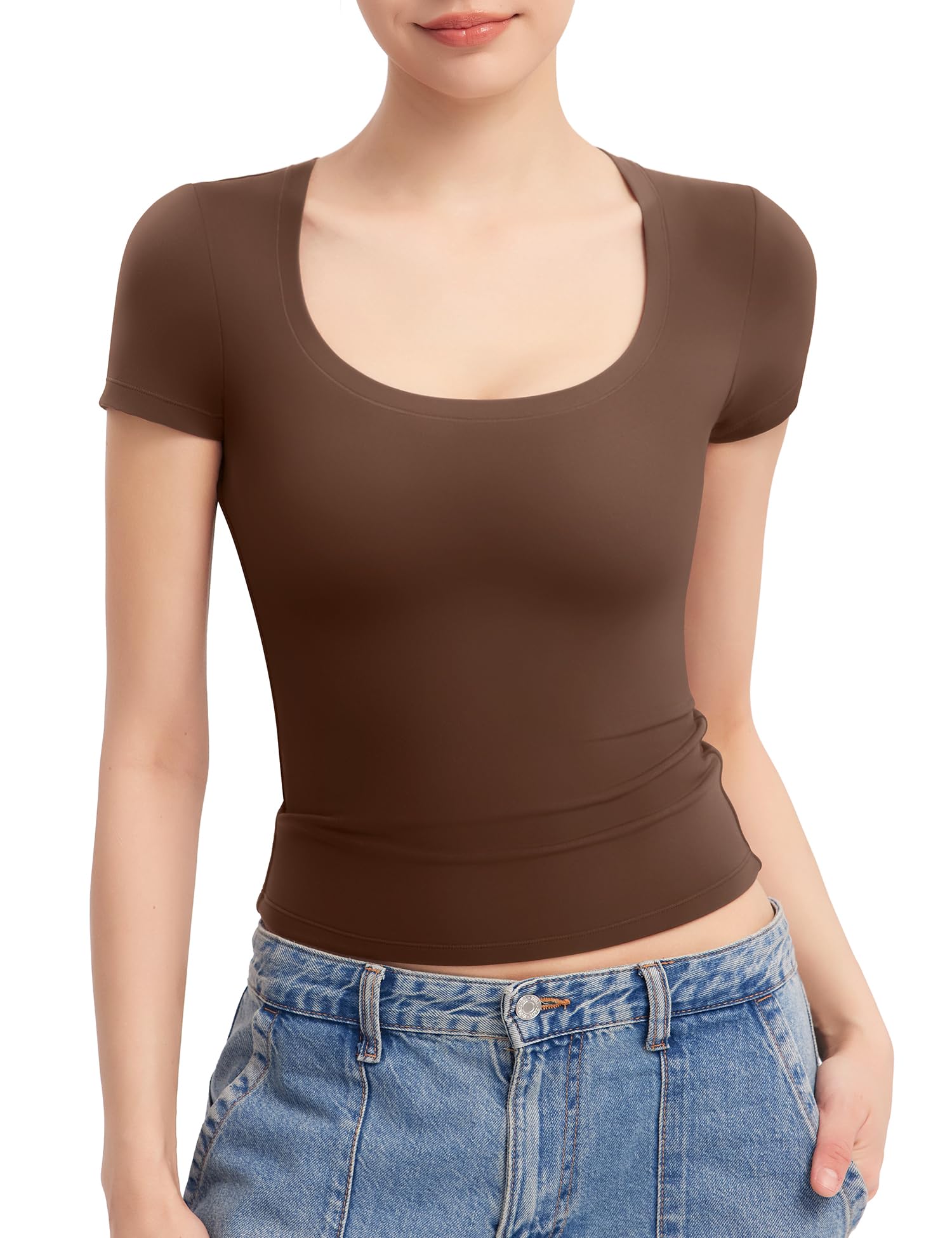 PUMIEY Women's T Shirts Short Sleeve Scoop Neck Basic Going Out Tops Fashion Slim Fit Tee Smoke Cloud Pro Collection