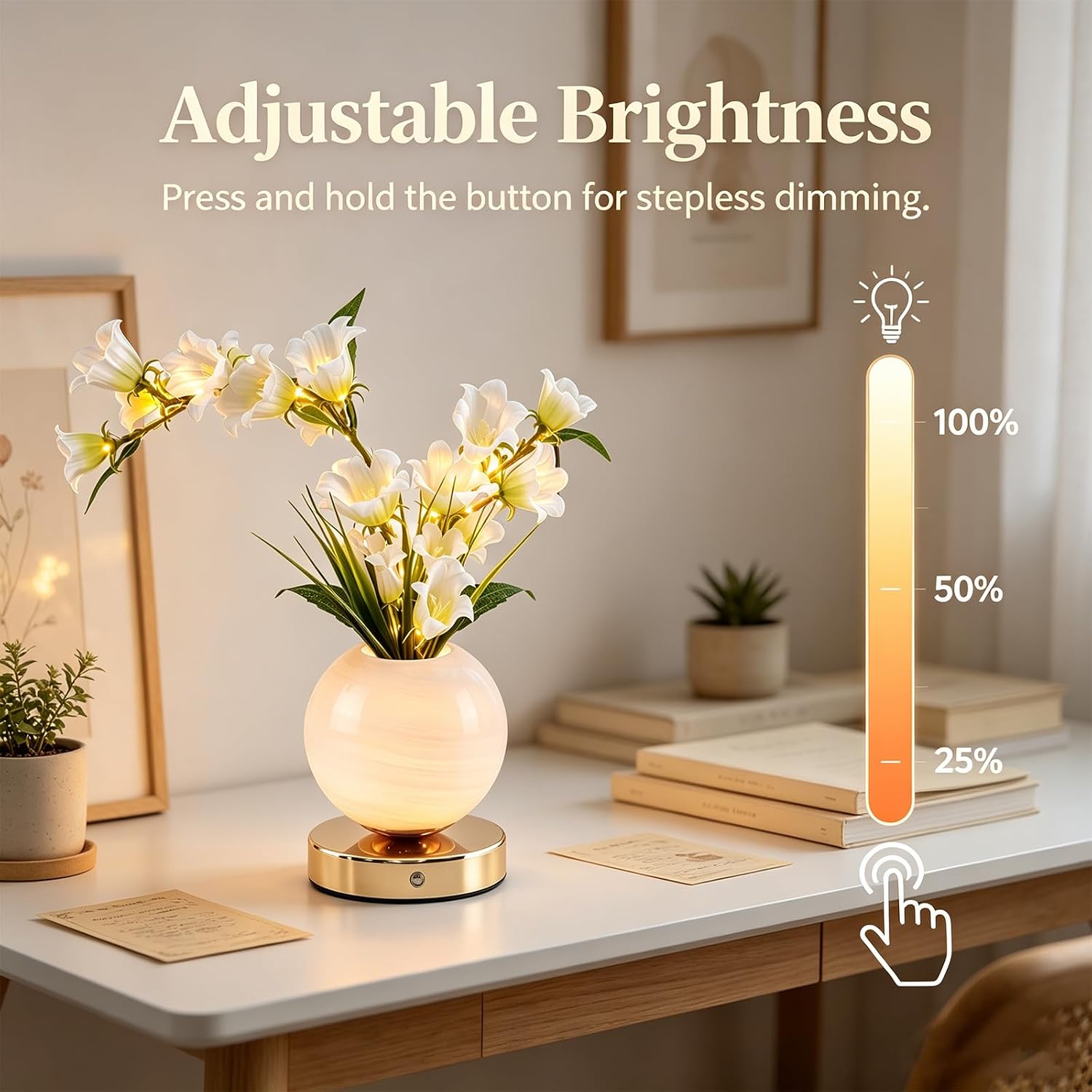 Bellflower Crystal Table Lamp, Dimmable 3 Color Bendable Floral Planet Vase Touch Night Light, USB Rechargeable Wireless Bedside Lamp for Bedroom Decor, Gift for Woman (Bellflower-White) image 4