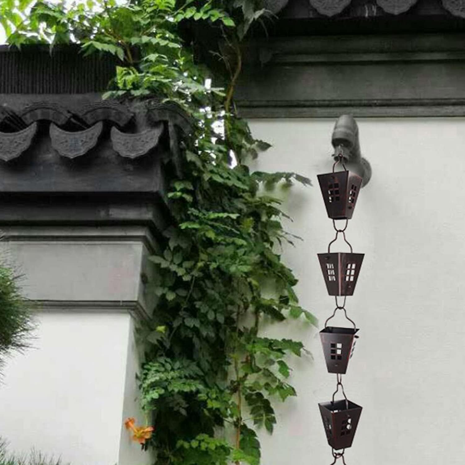 レインガターチェーン雨樋 キット台形カップ形状の鎖樋全長1メートルガーデン コーヒー色 テンプル ヴィラの場合 新着セール テンプル