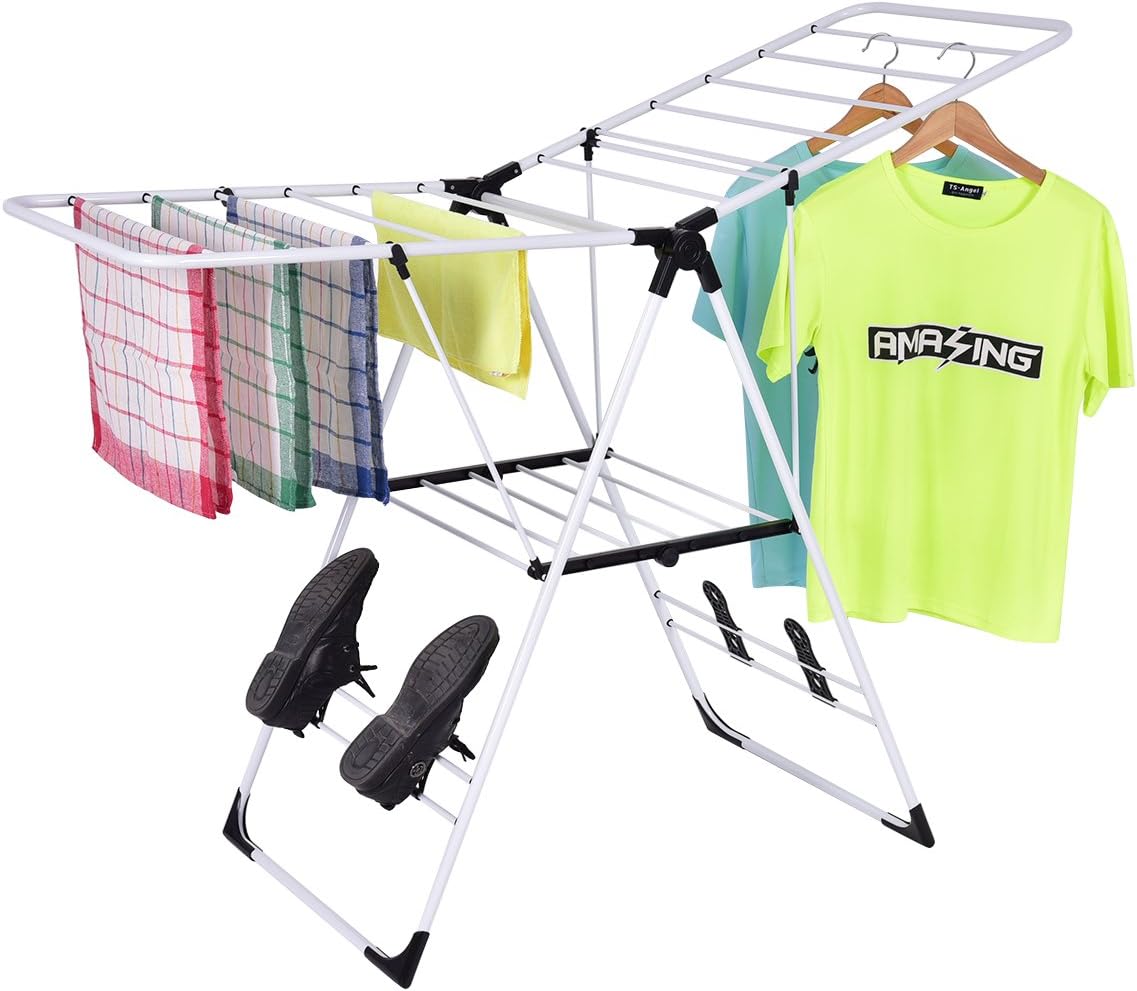 GOFLAME Steel Clothes Drying Rack with Adjustable Wings, Foldable Gullwing Collapsible Laundry Drying Rack with Shoe Holder and Shelves, Space Saving Drying Rack for Underwear, Socks, Pants