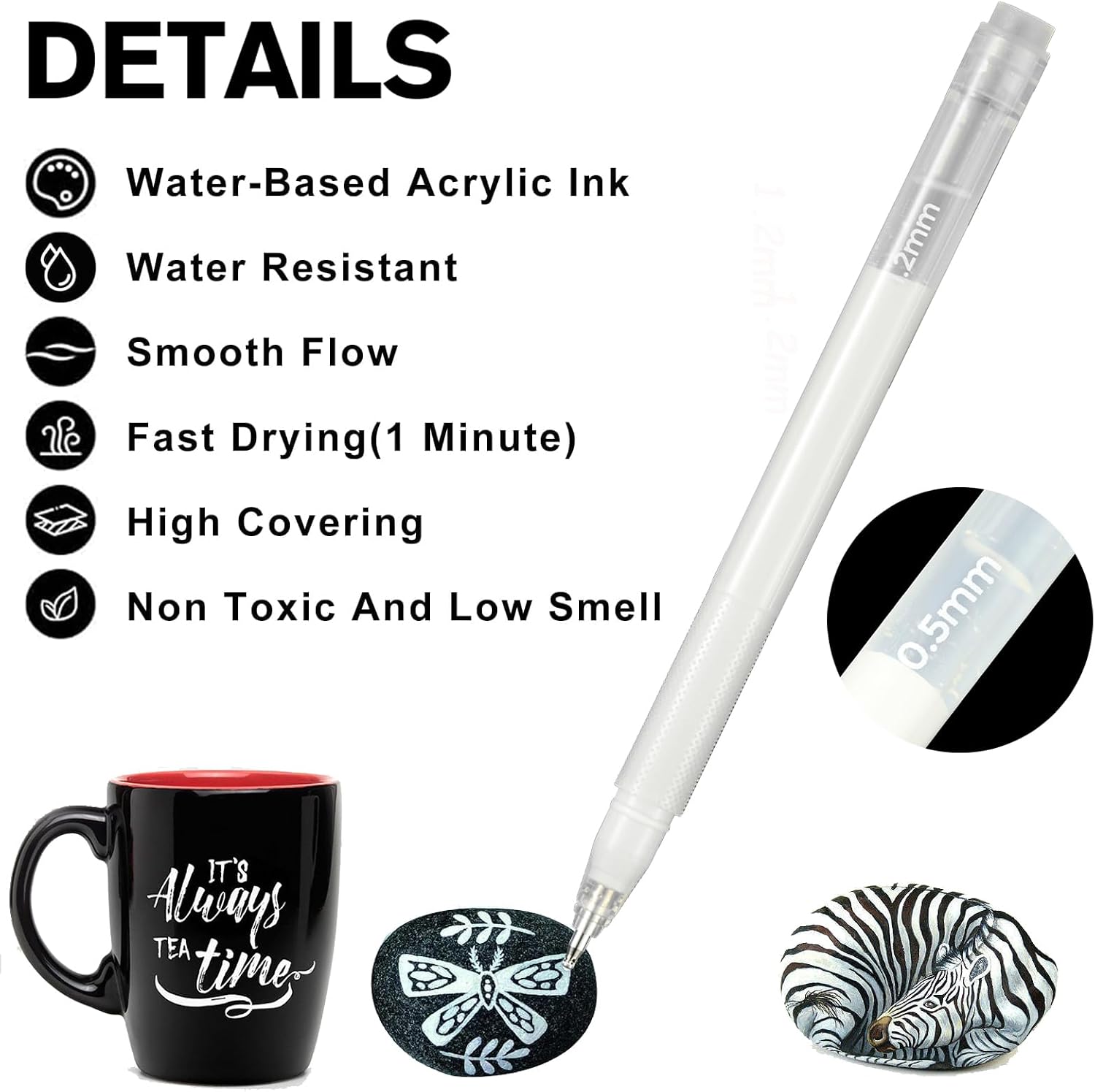 White Gel Pens,6 Nib Acrylic Gel Pens, Large Capacity Highlighter Gel Ink Pens for Black Paper Drawing,Sketching,Illustration,Card Making, Bullet Journaling (White)