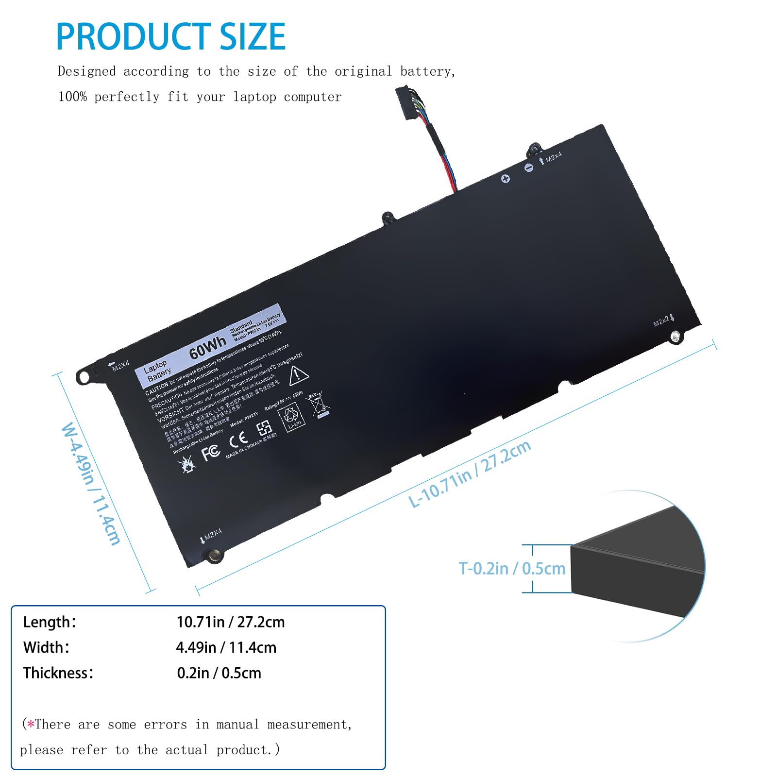 PW23Y Batteria di ricambio per computer portatile Dell XPS 13 9360 P54G002 13-9360-D1605G 13-9360-D1605T 13-9360-D1609G 13-9360-D1705G Series sostituzione TP1GT RNP72 0 RNP72 0TP1GT 7,6 V 60