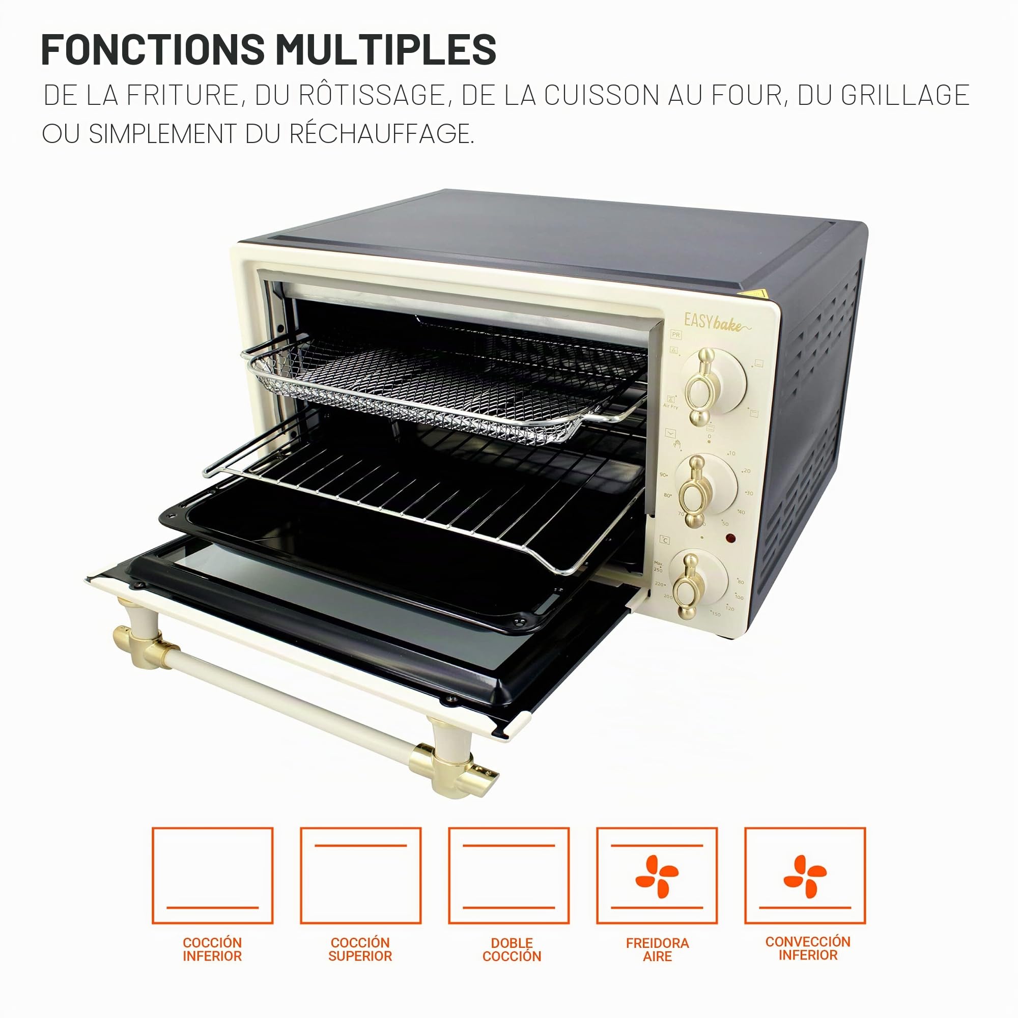 TM Electron EASYBAKE TMPHO020REB Mini four design rétro avec fonction friteuse sans huile, 20 litres, température réglable de 80 °C à 250 °C, 5 fonctions, 4 accessoires inclus