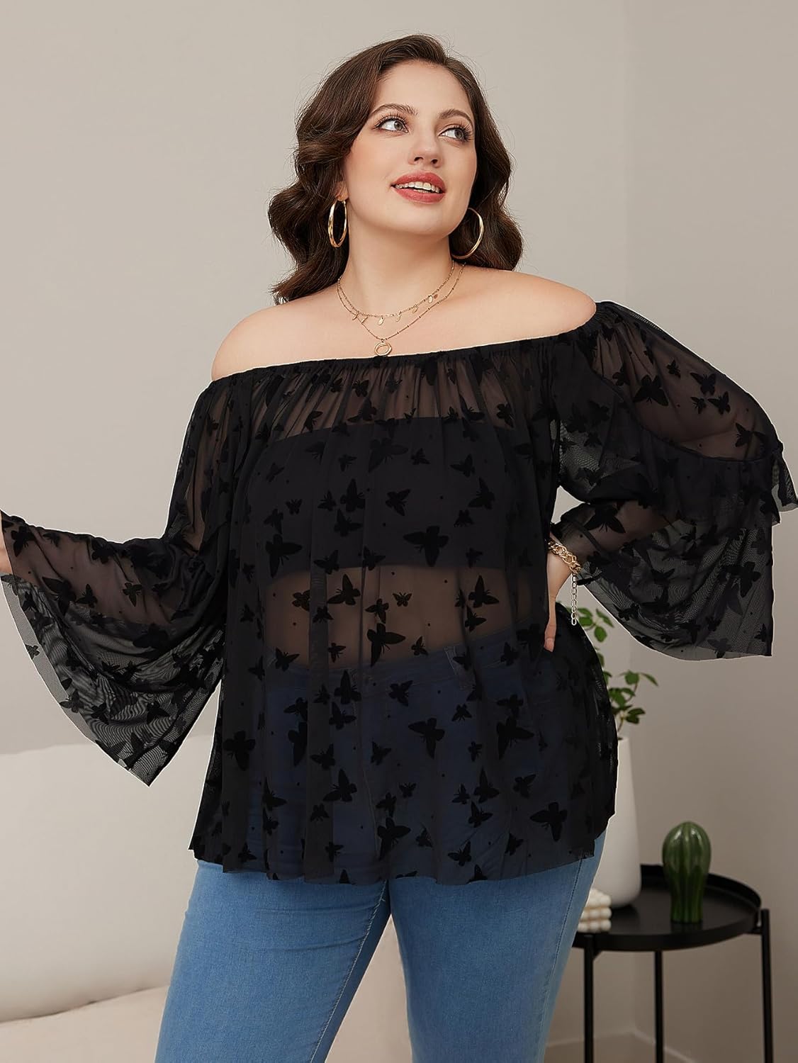 WDIRARA Women's Plus Size Butterfly Print Mesh Off Shoulder Long Sleeve Sheer Sexy Blouse Top - Image 6