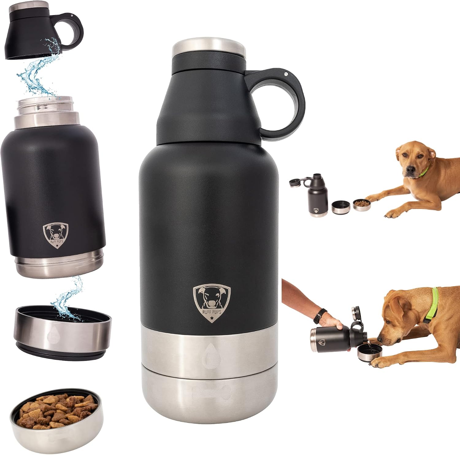 RUFF PUPS - Stainless Steel Dog Water Bottle with Bowls Attached - Vacuum Insulated - Great for Travel and Outdoor Activities - Leak…