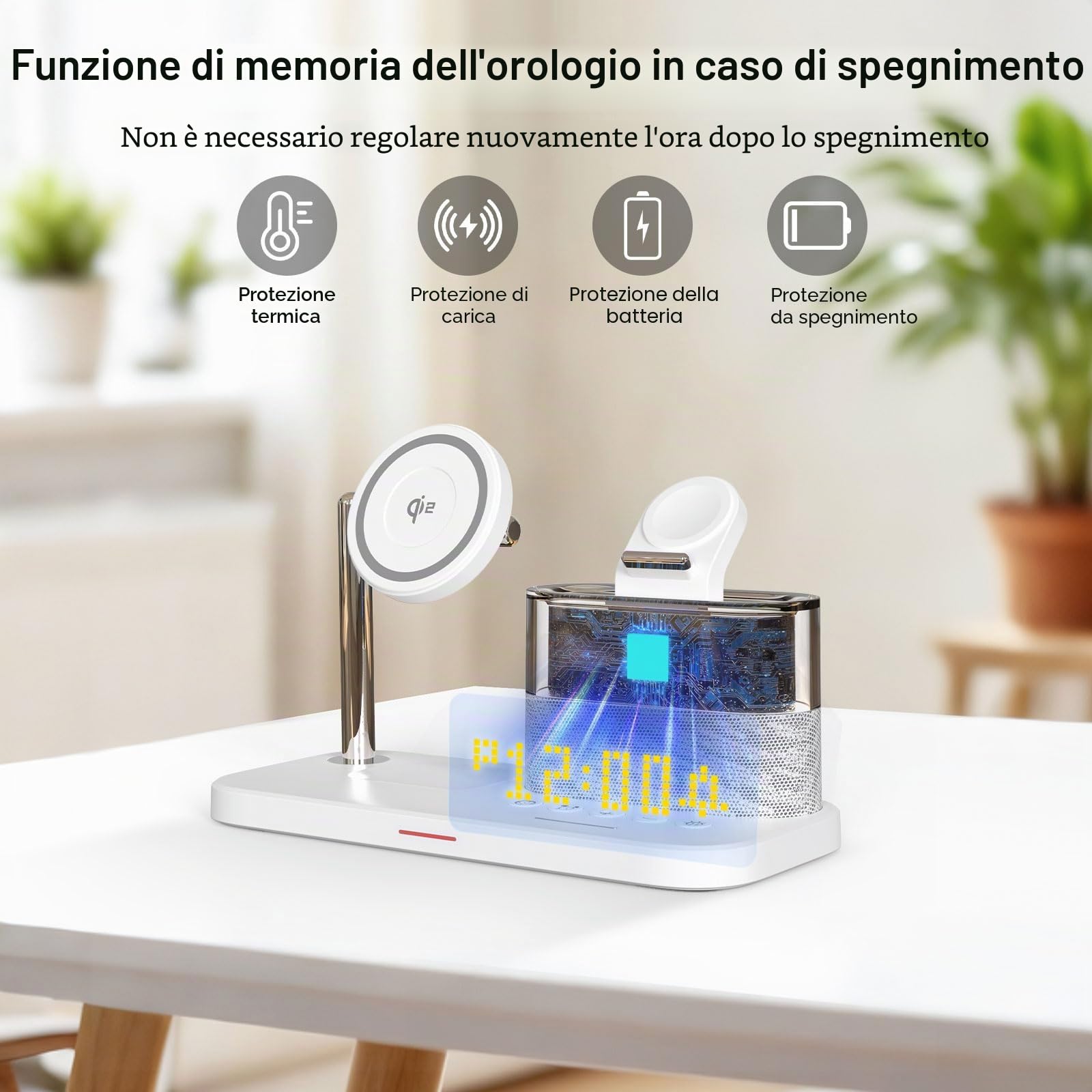 Caricabatterie wireless 5 in 1 con sveglia, stazione di ricarica wireless con luce notturna compatibile con iPhone 17 16 15 14 13 12 Pro Max, Apple Watch e auricolari con ricarica wireless (Nero)