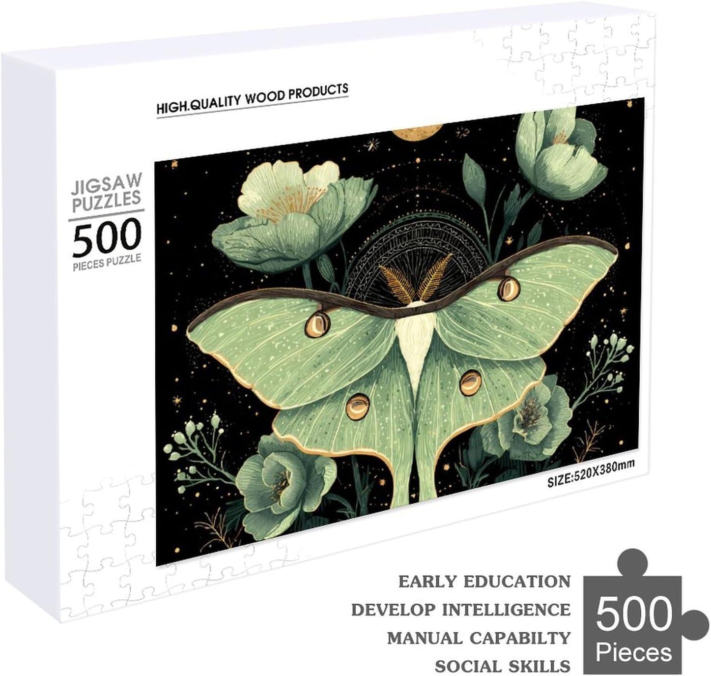 Luna Moth Moon Phase Plants Puzzles for Adults 500 PCS Wooden Jigsaw Puzzle Wall Decor Christmas