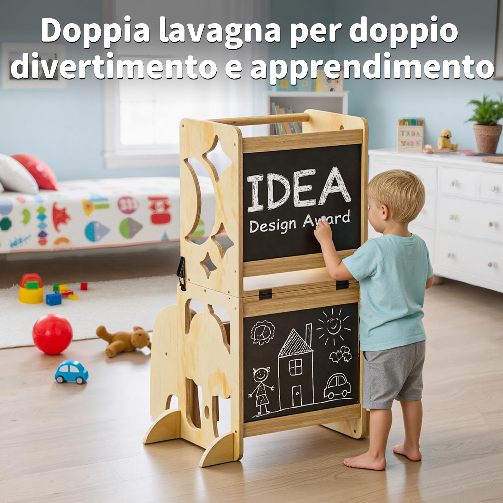 COSYLAND Torre Montessoriana Bambini 4 in 1 - Torretta Montessoriana con Scrivania e Sedia in Legno Naturale