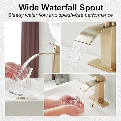 Miniatura 3 de Grifo de lavabo de baño de oro cepillado, cascada, de un solo agujero, tocador moderno con desagüe desplegable con desbordamiento de 1 o 3 agujeros,