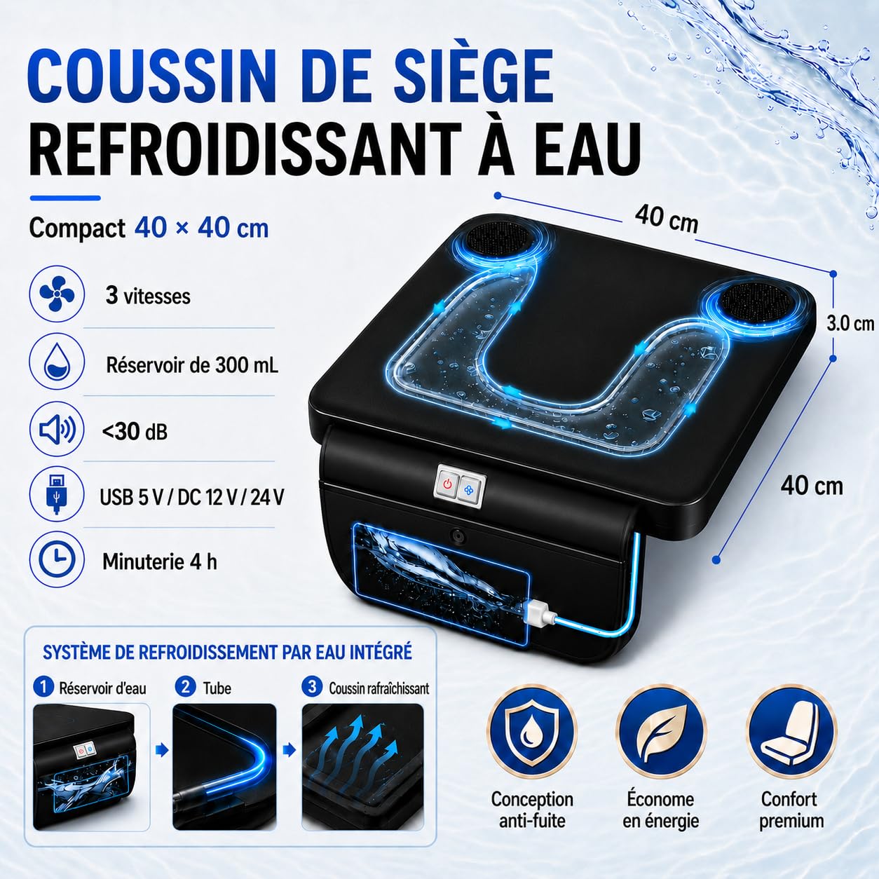 Coussin de siège refroidissant 27°C, 5V/12V/24V, minuterie 4H