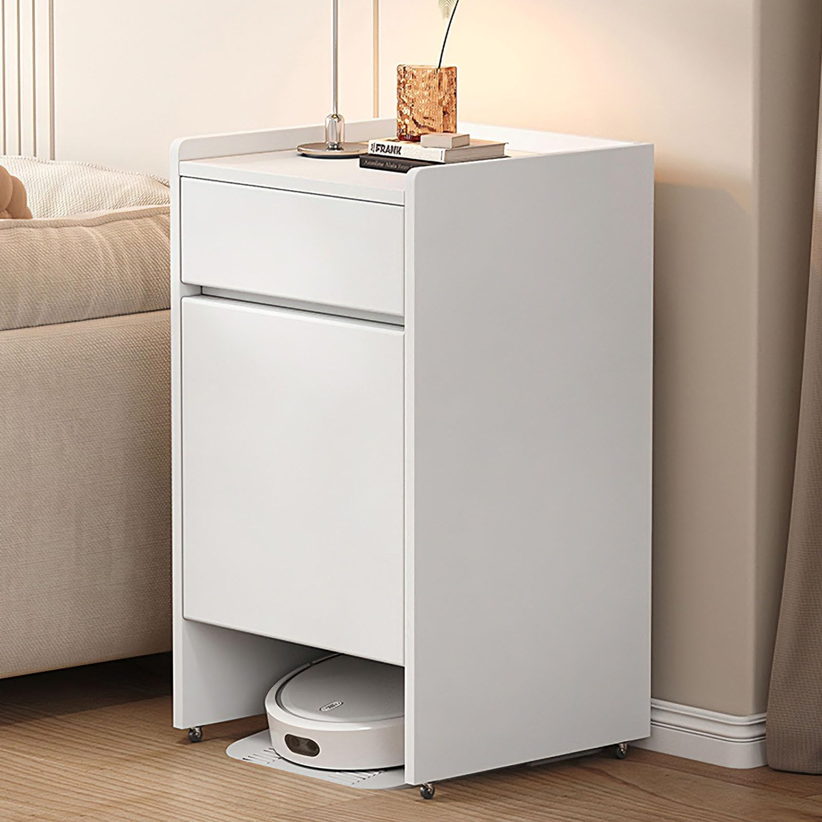 MESCXTY Robot Vacuum Cabinet Docking Station with Doors & Drawer – Hidden Base for Cleaner, Space Saving Furniture Living Room Bedroom(White)