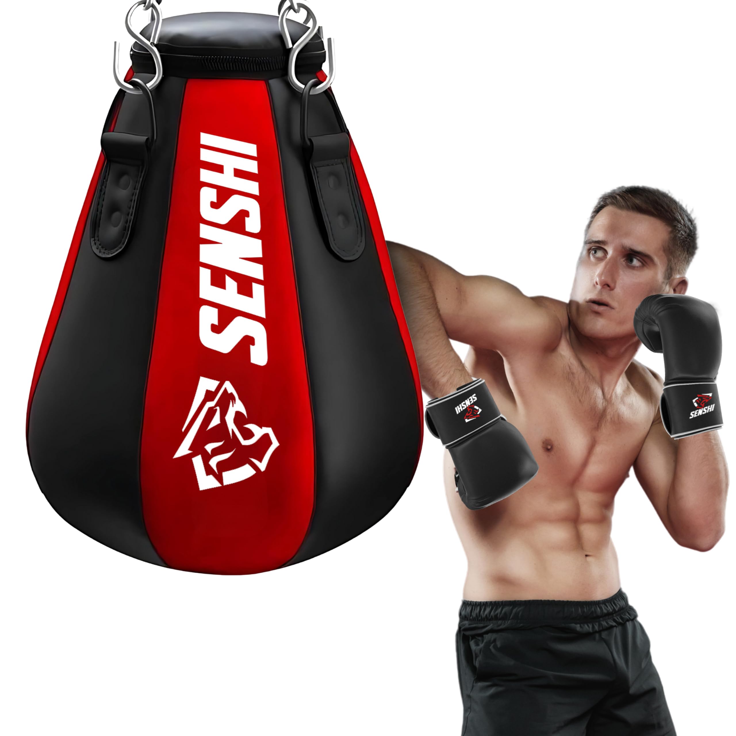 SENSHI Heavy Filled Punch Bag Set, 3ft, 4ft, 5ft, 6ft Outdoor Boxing Bag with Bracket, Fixings, Hand Wraps & Skipping Rope for Home Training