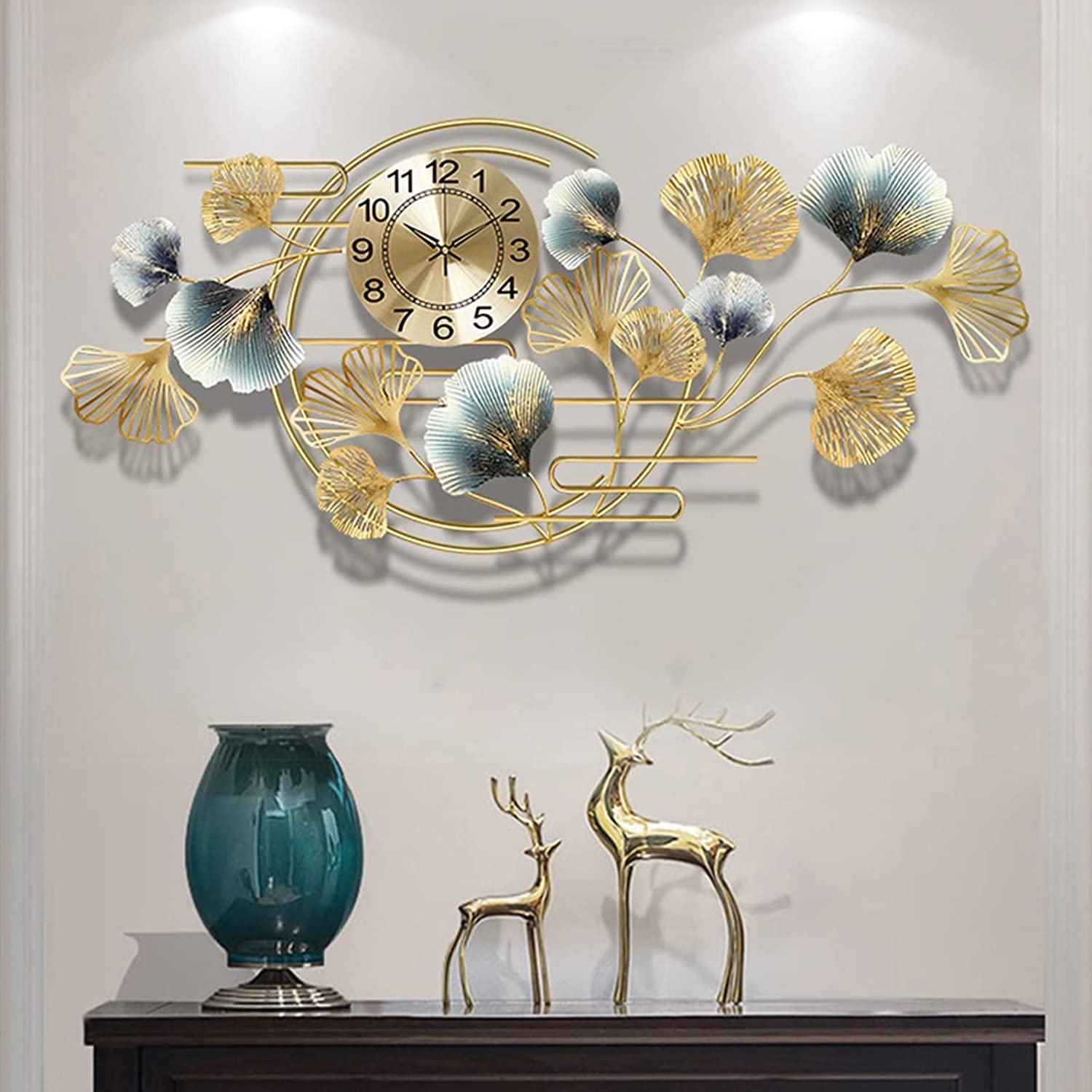SaryEdge Wall Clock Modern Art Wall Clock Metal Ginkgo Leaves Wall Clock, Operated Silent Non Ticking Wall Hanging Clocks for Living Room Kitchen Bedroom Office Dining Roo,