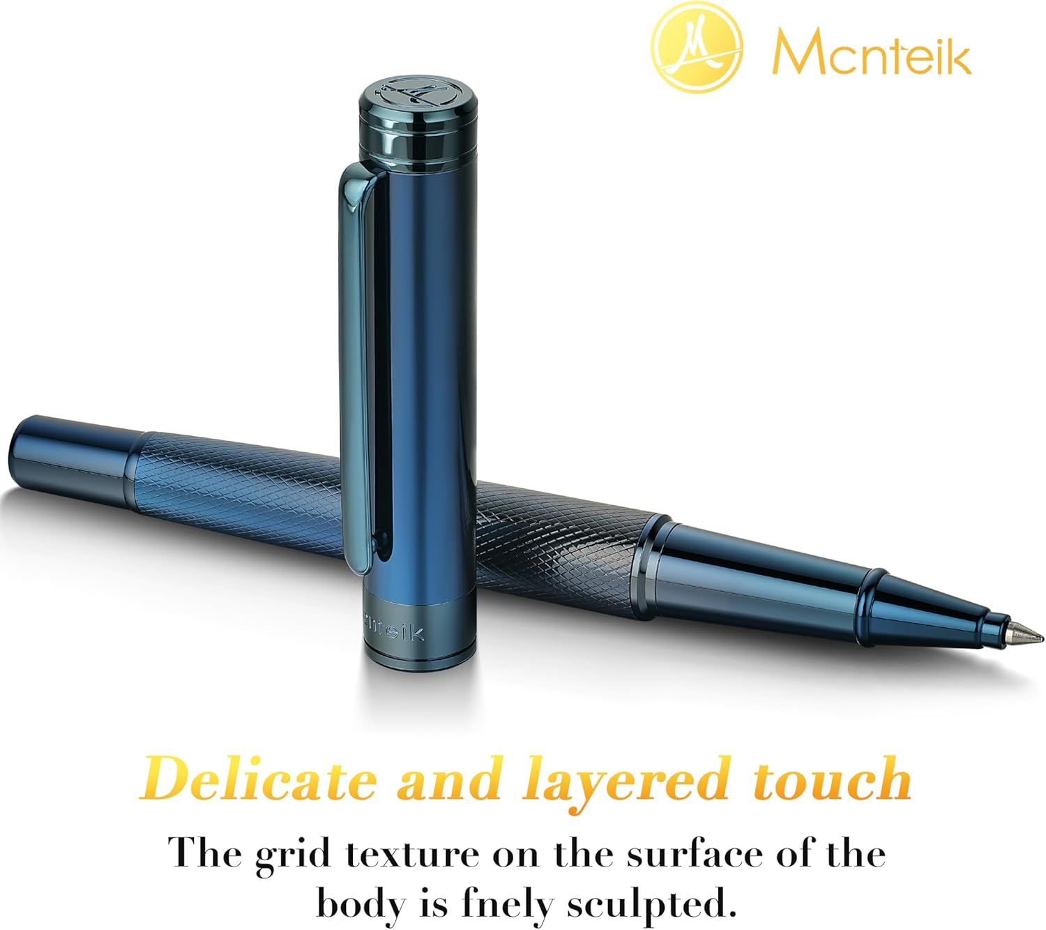 MCNTEIK Electroplated Blue Rollerball Pen, Stunning Luxury Pen with Mesh Texture Design、Schmidt Ink Refill, Nice Gift Set for Men & Women, Business, Executive, Office, Fancy, Nice Fancy Designer Pens