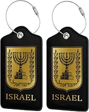 Luggage Tags Israel Israeli Flag Logo Golden National Emblem for Suitcases Pu Leather with Durable Steel Loop Address Card Bag Tags Privacy Protection Travel Accessories Essential 4 Pcs