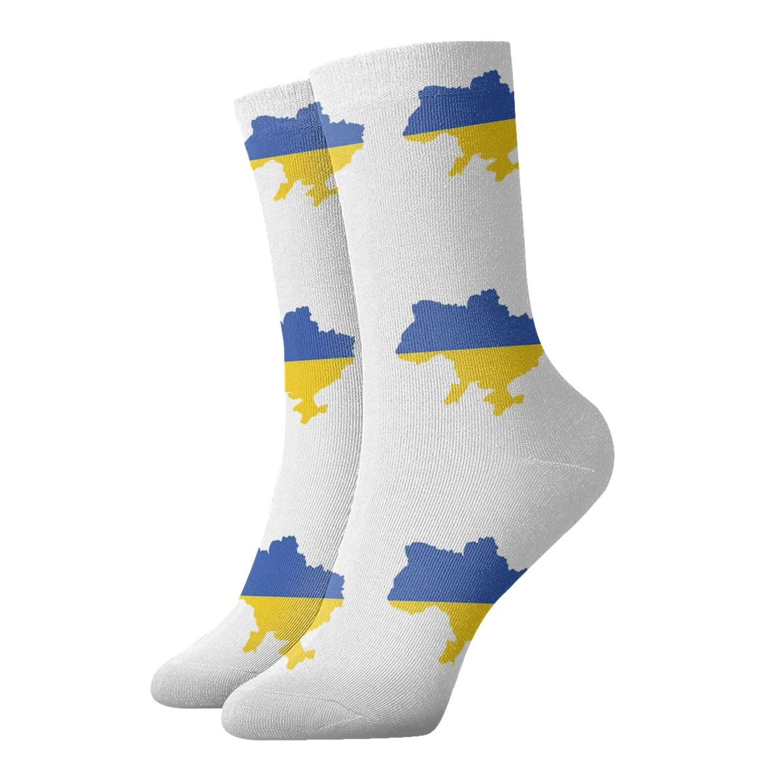 JEJEA Ukraine Flag Map Print Soff Crew Socks For Womens Men Cozy Elastic Breathable Comfortable Long Casual Socks