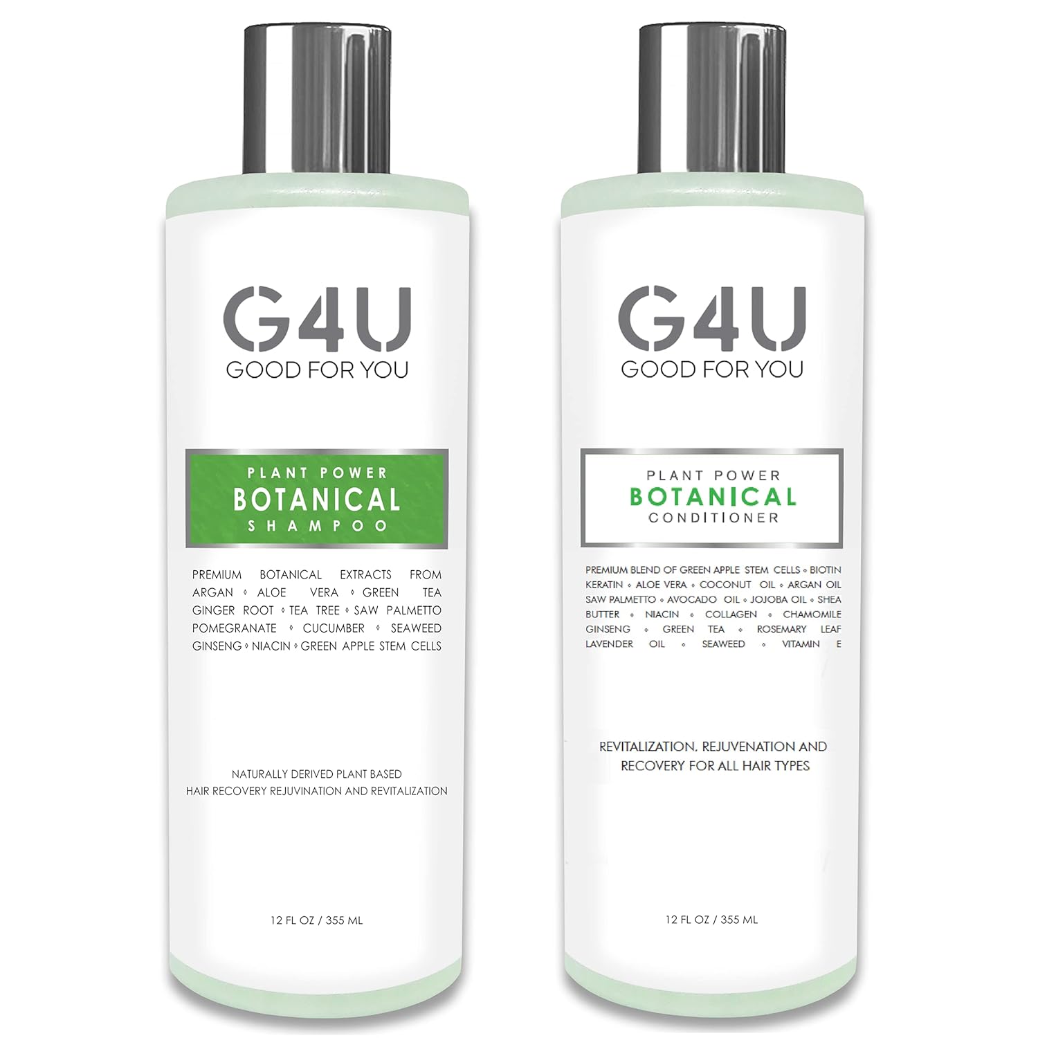 G4U Hair Shampoo and Conditioner Set for Women and Men. Sulfate Free for All Hair Types, Dry, Damaged, Curly, Color Treated. Natural Plant Based. Ideal For Home, Spas, Salons. 12 Fl Oz. each