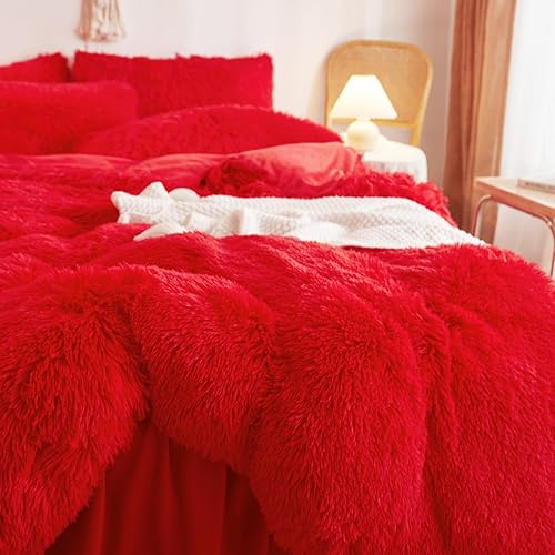 Miniatura 9 de Juego de funda de edredón de piel sintética color rojo, juego de cama de felpa suave y mullida, tamaño King, 3 piezas (1 funda de edredón esponjosa