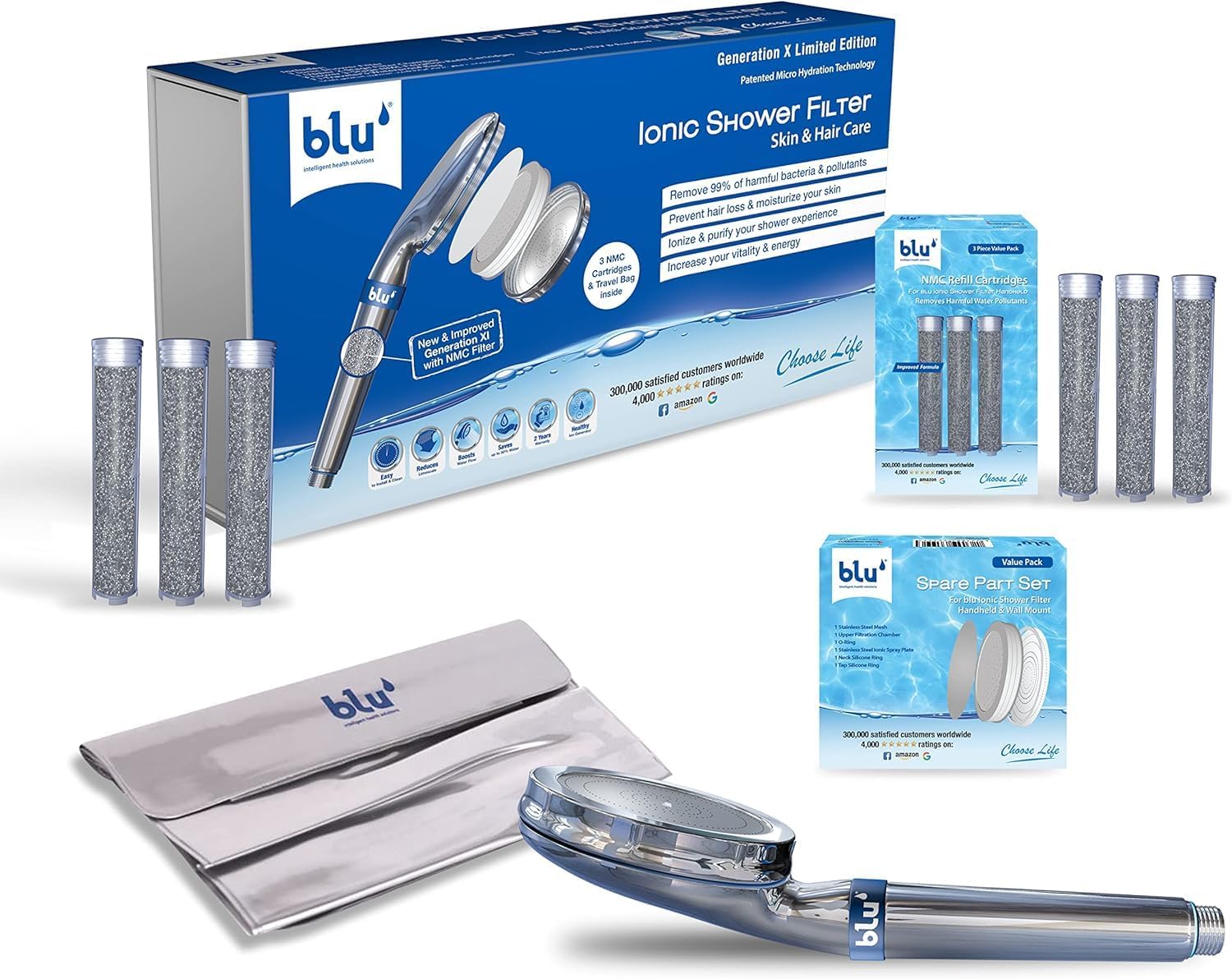 blu Ionic Shower Head and Shower Filter - Annual Combo Pack -Handheld Shower head, 3 NMC filters & Spare parts set -Removes Chlorine & Harmful Pollutants -Prevent Hair Loss&Moisturize Your Skin,Chrome