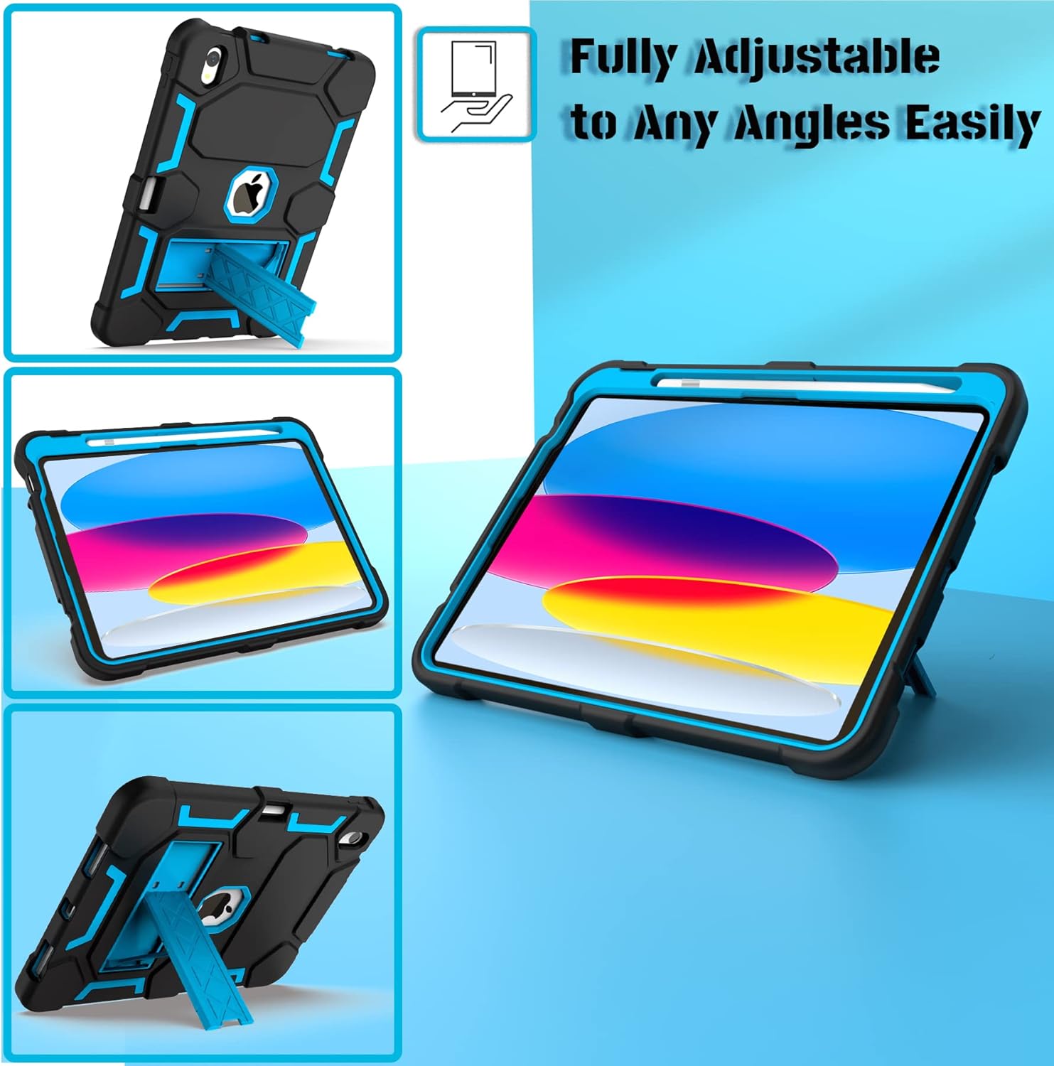CCMAO Case for iPad (A16) 11th/10th Generation(2025/2022), iPad 10th Case with Kickstand & Pencil Holder, Heavy Duty Shockproof Hybrid Three Layer Protective Cover for Girls Women, Black+Sky Blue