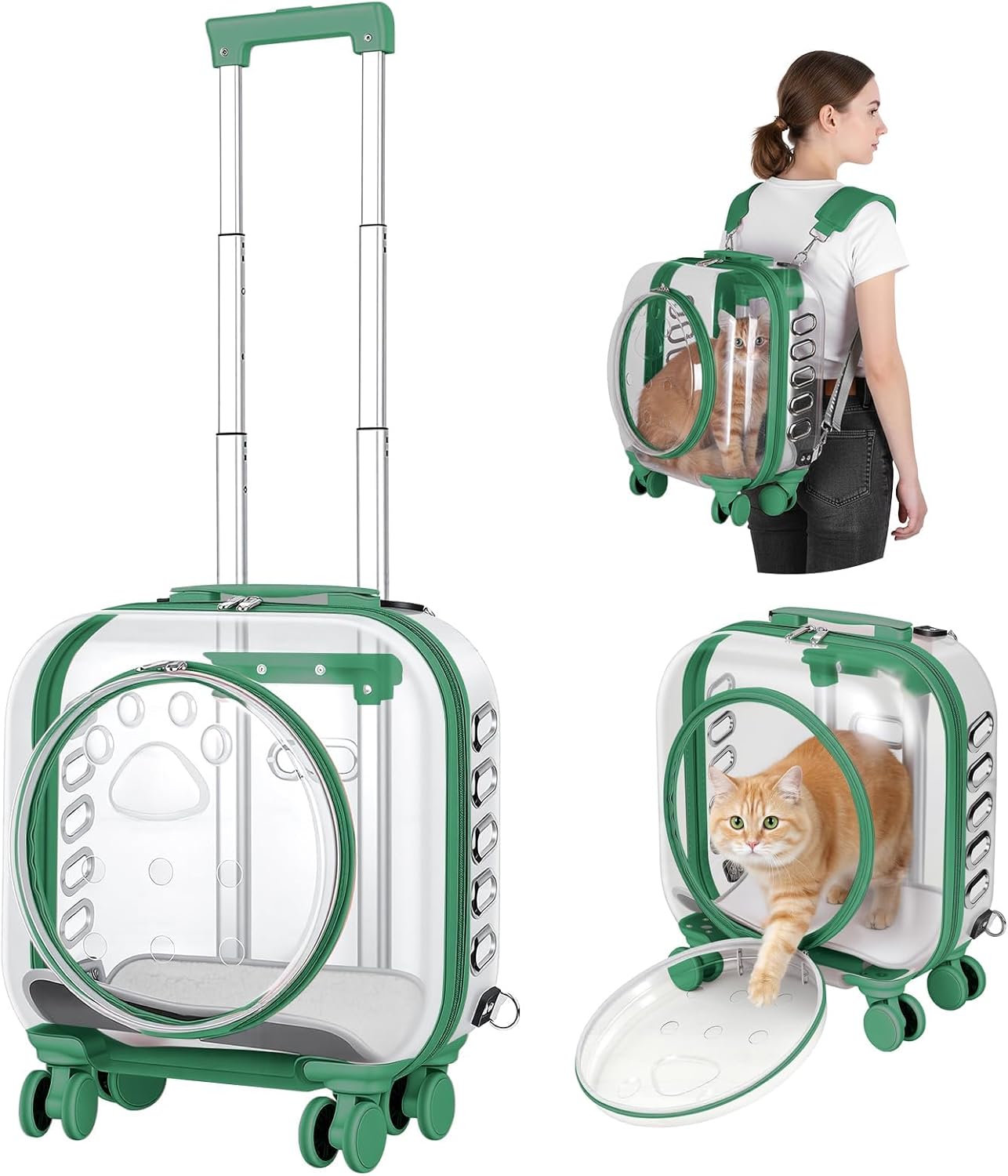 2026 Upgraded Cat Carrier with Wheels, Hard Shell Cat Backpack Carrier for Travel – Rolling Pet Carrier with Silent Casters, Telescopic Handle & Detachable Shoulder Strap (Green)