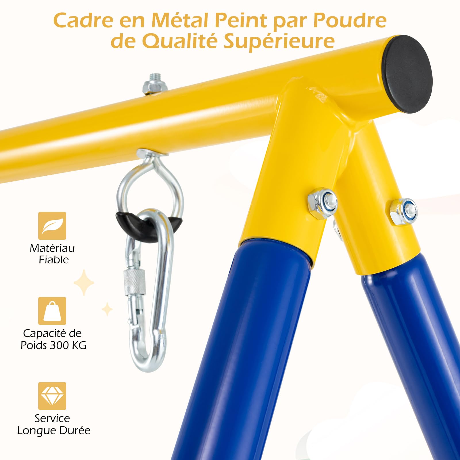 RELAX4LIFE Portique Balançoire Extérieur en Métal, Cadre de Balançoire Enfant en Forme A avec 4 Piquets de Terre, 4 Mousqueton, Deux sur la Balançoire Charge 300 KG pour Enfants 3 Ans+ (Jaune+Bleu)
